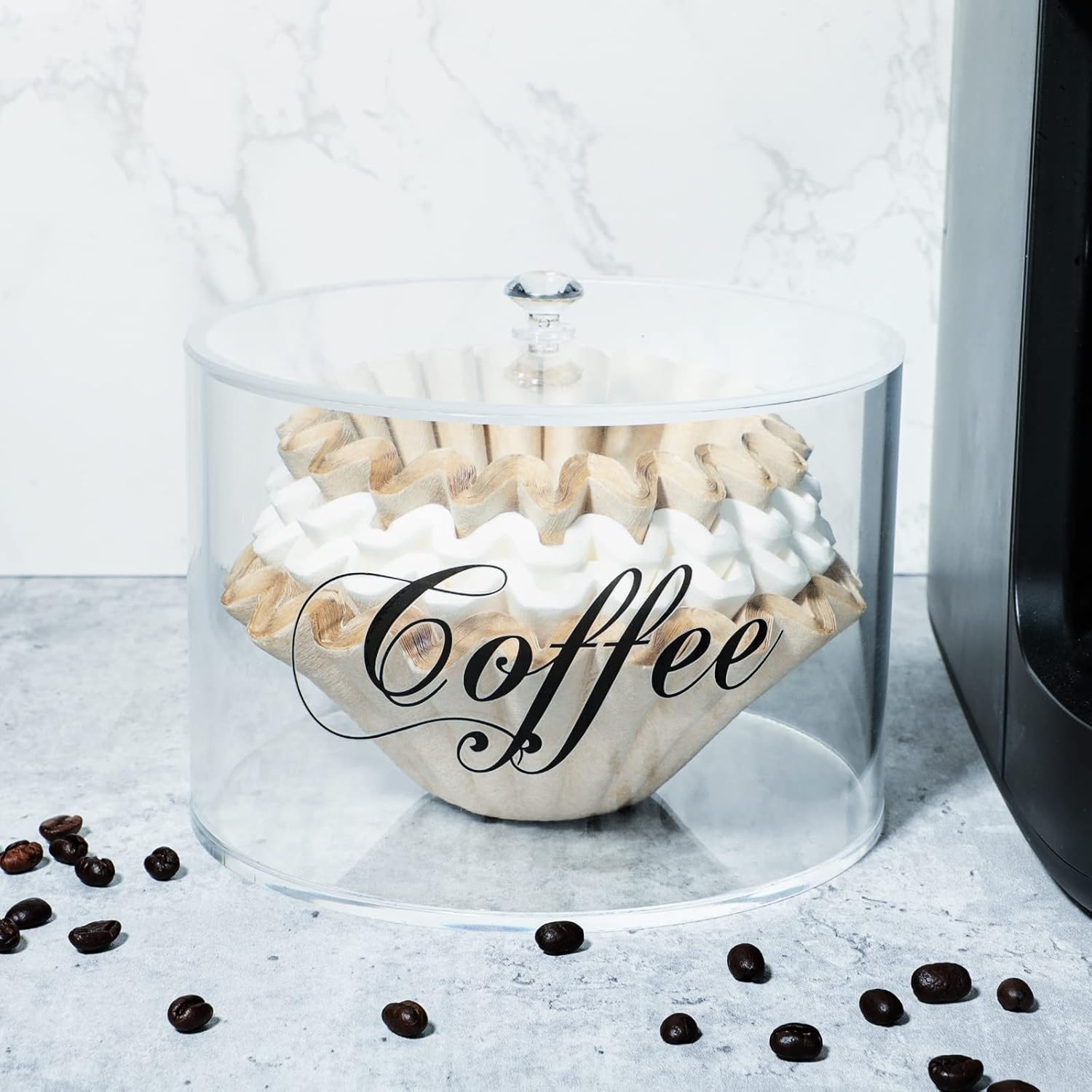 Soporte de filtro de café acrílico, contenedor de almacenamiento de filtro de café transparente con tapa, dispensador de filtro de café de cesta