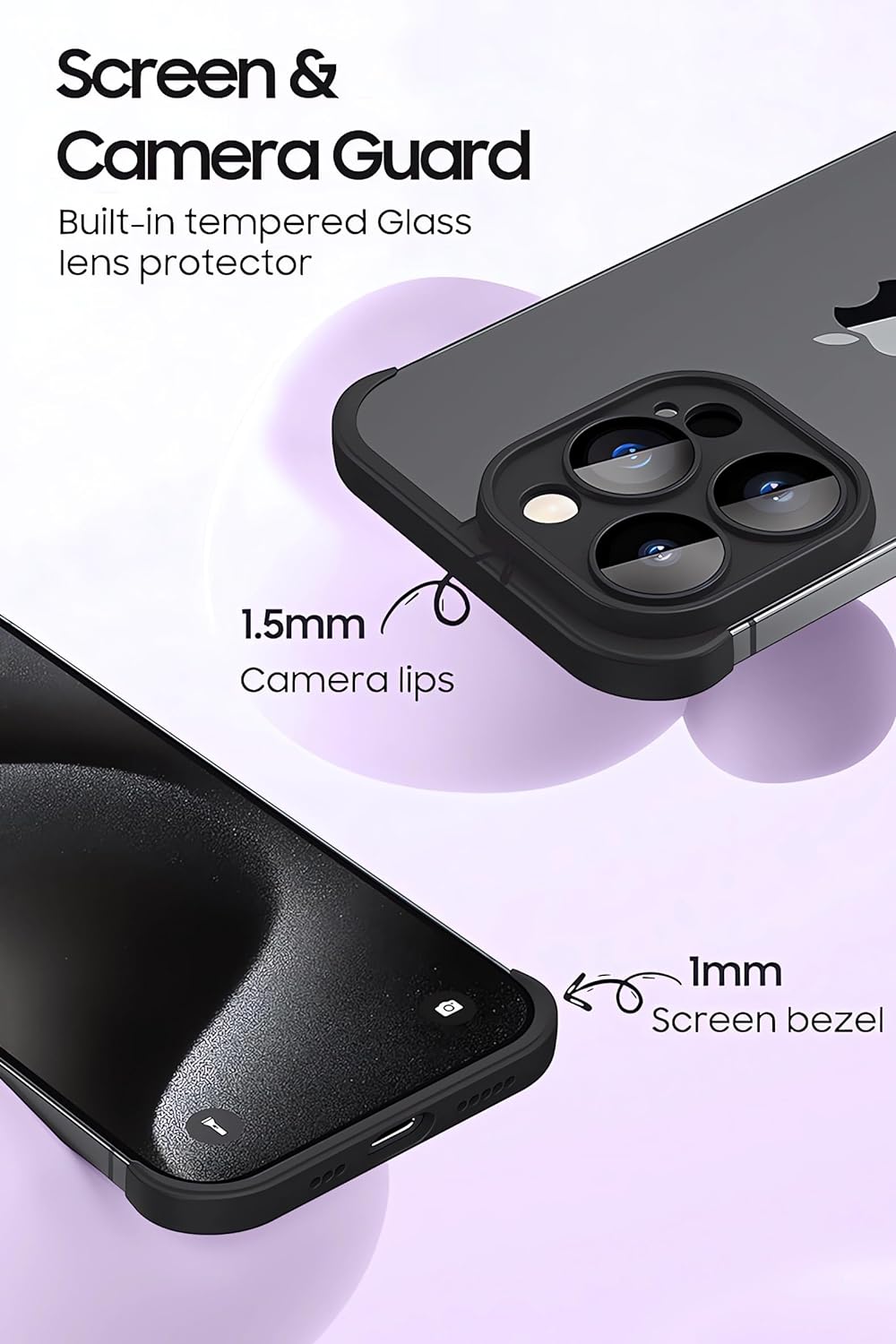Funda sin marco para iPhone 15 Pro Max con protector de lente de cámara, funda delgada de TPU suave a prueba de golpes, carcasa minimalista pero