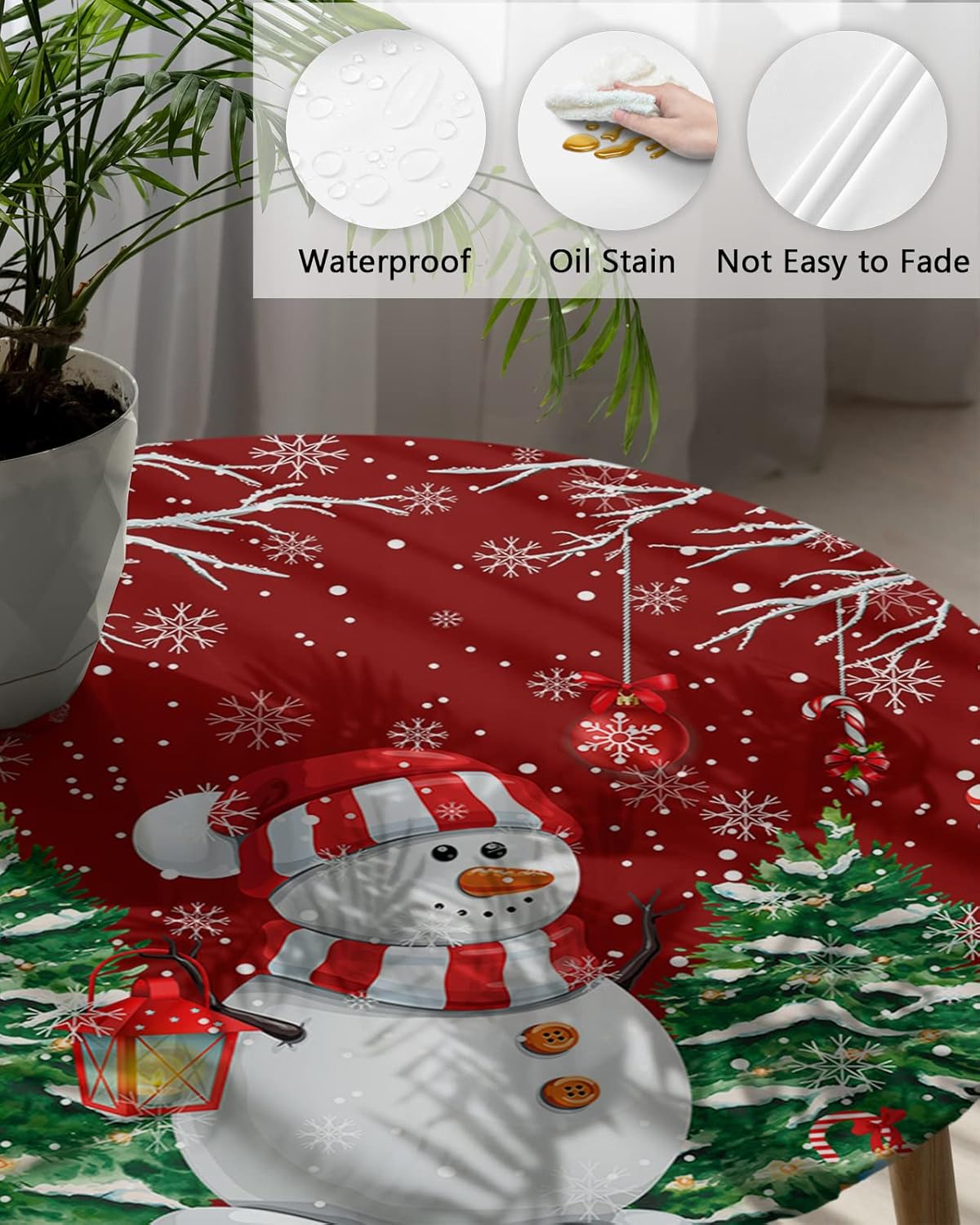 Mantel redondo ajustable con diseño de muñeco de nieve de dibujos animados para mesas de comedor, mantel con bordes elásticos, árboles de Navidad de