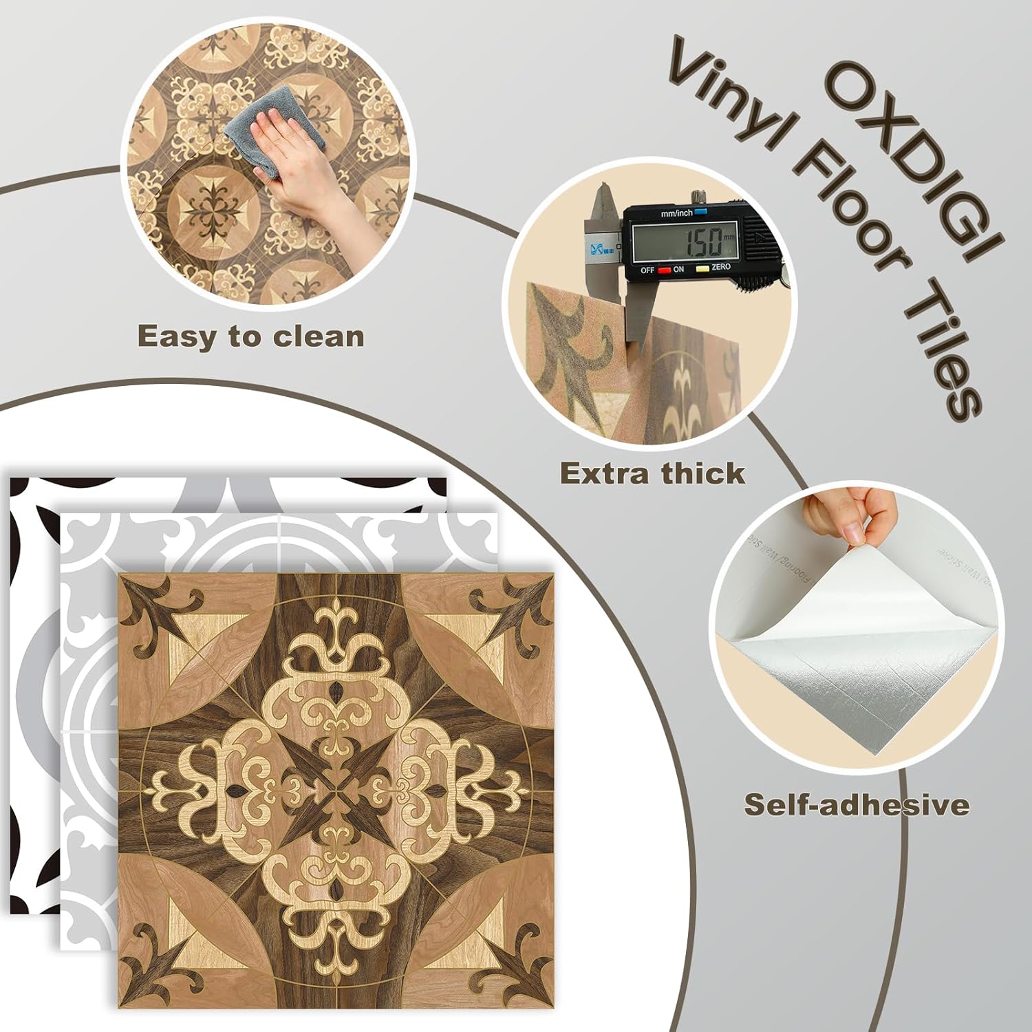 Oxdigi Azulejos de suelo impermeables para despegar y pegar, azulejos de vinilo autoadhesivos, calcomanías de suelo de bricolaje, suelos vintage