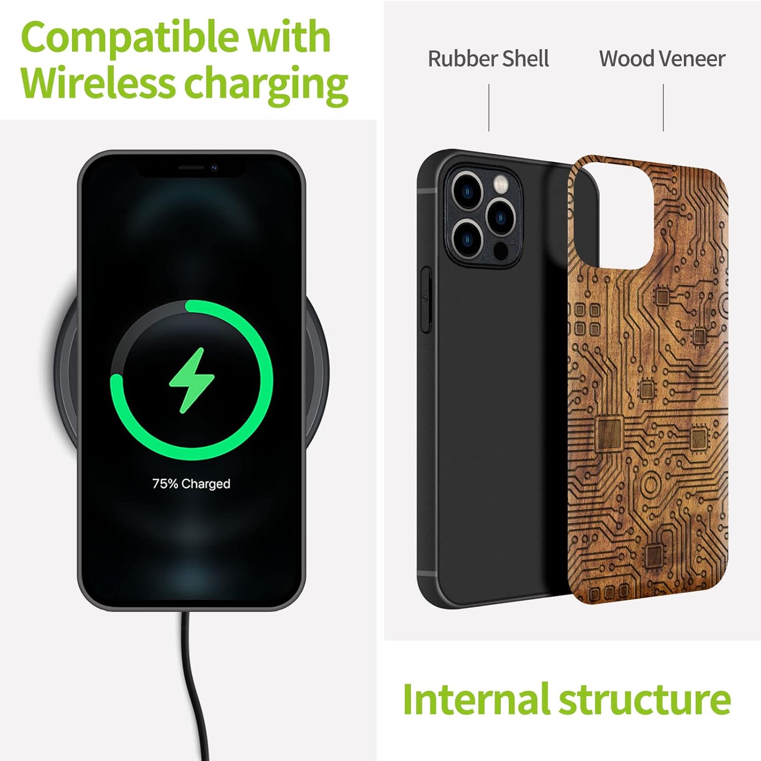 Carveit Funda magnética de madera para iPhone 12 Pro madera natural y TPU suave negro a prueba de golpes, funda protectora única y elegante de