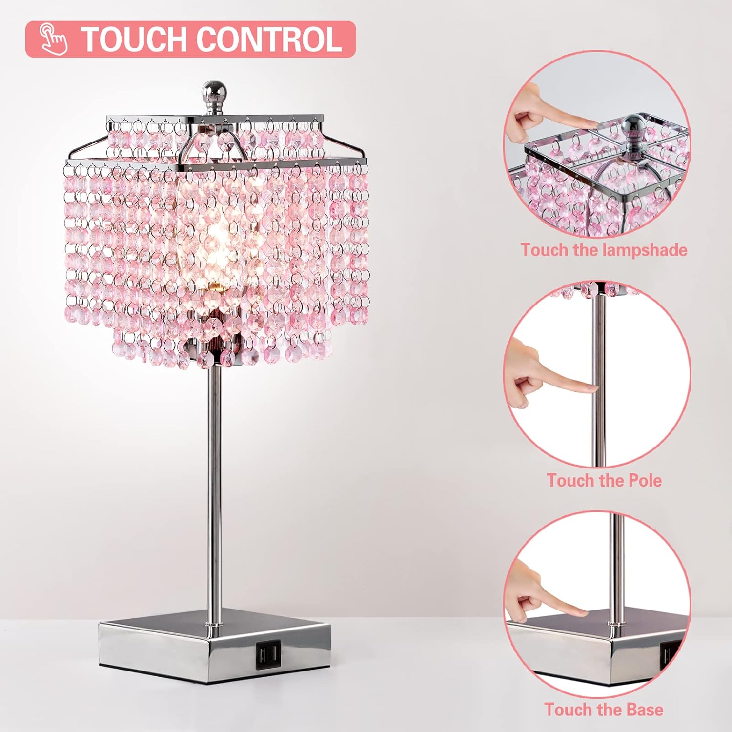 Luvkczc Lámpara de mesa de cristal rosa con control táctil, lámpara regulable de 3 vías con pantalla de cristal para dormitorio de niña, sala de