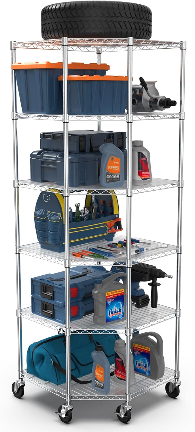 Estantería de alambre pentagonal NSF de 6 niveles, 27 x 27 x 82 pulgadas, capacidad de 2100 libras, estante de metal de almacenamiento ajustable