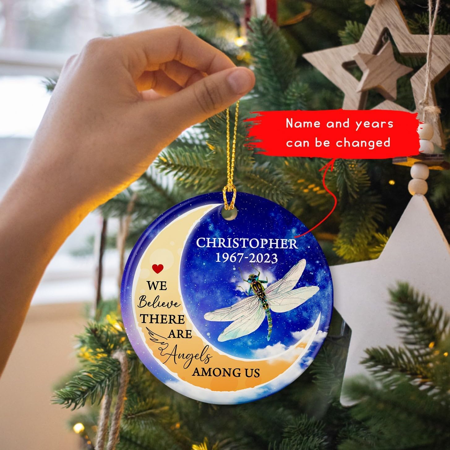 Adornos de Navidad de cerámica conmemorativos personalizados, We Believe There are Angels Among Us, libélula conmemorativa, recuerdo de