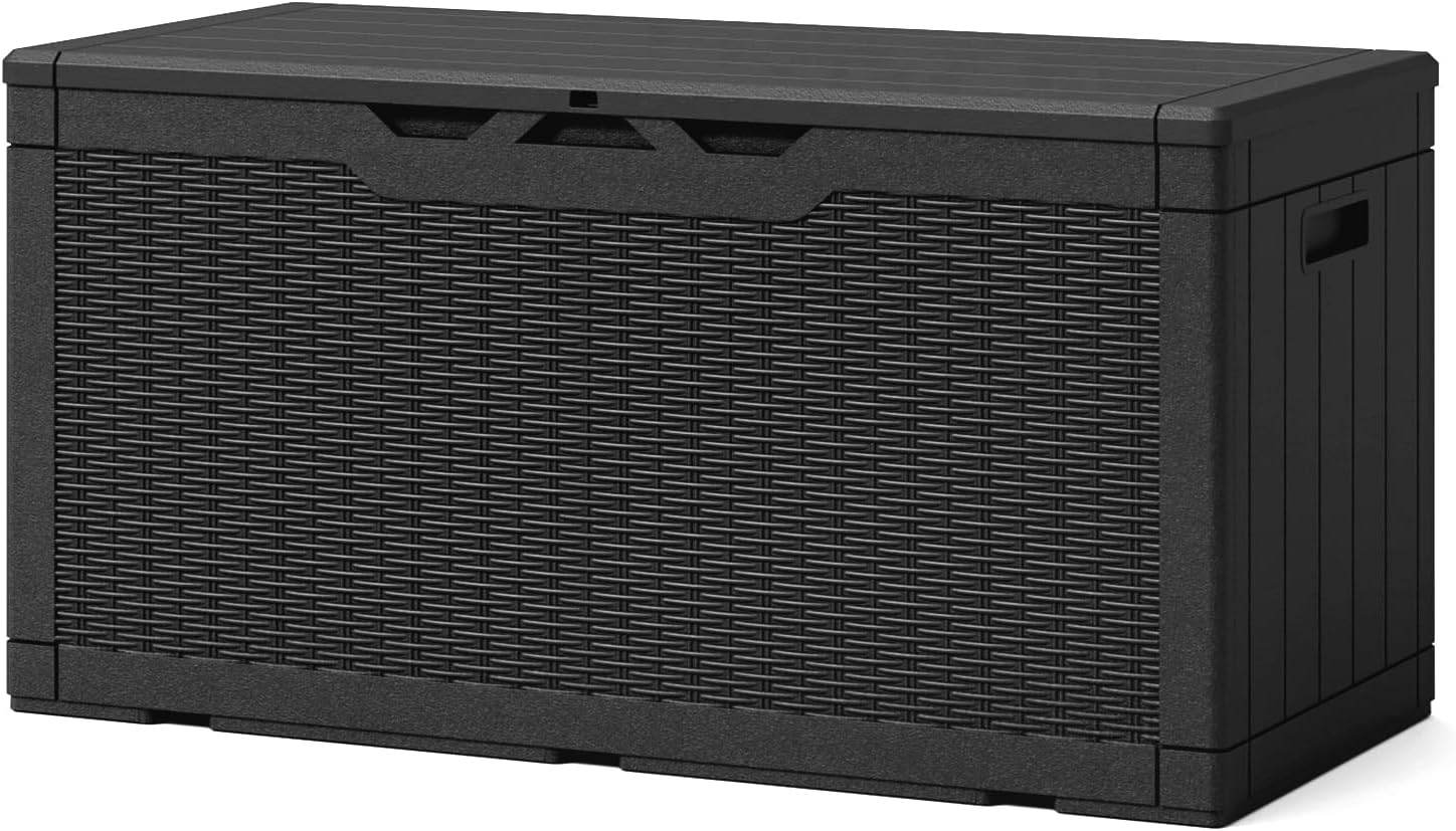 Patiowell Caja de cubierta de resina de 100 galones, caja de almacenamiento grande impermeable para exteriores con candado para muebles de patio,