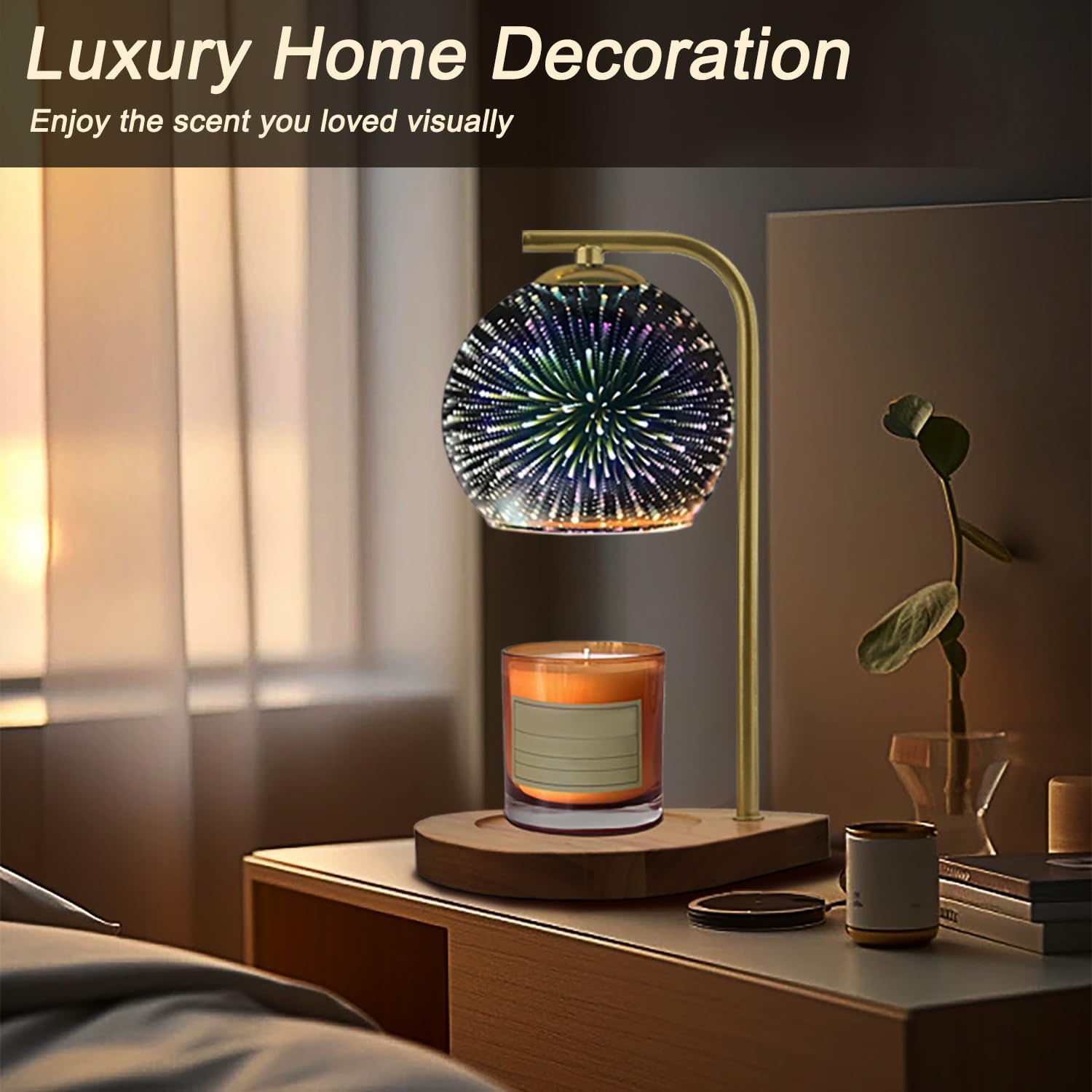 Lámparas de cristal 3D con 3 bombillas regulables, temporizador con 1H2H4H, compatible con velas pequeñas y grandes, pantalla de vidrio de fuegos