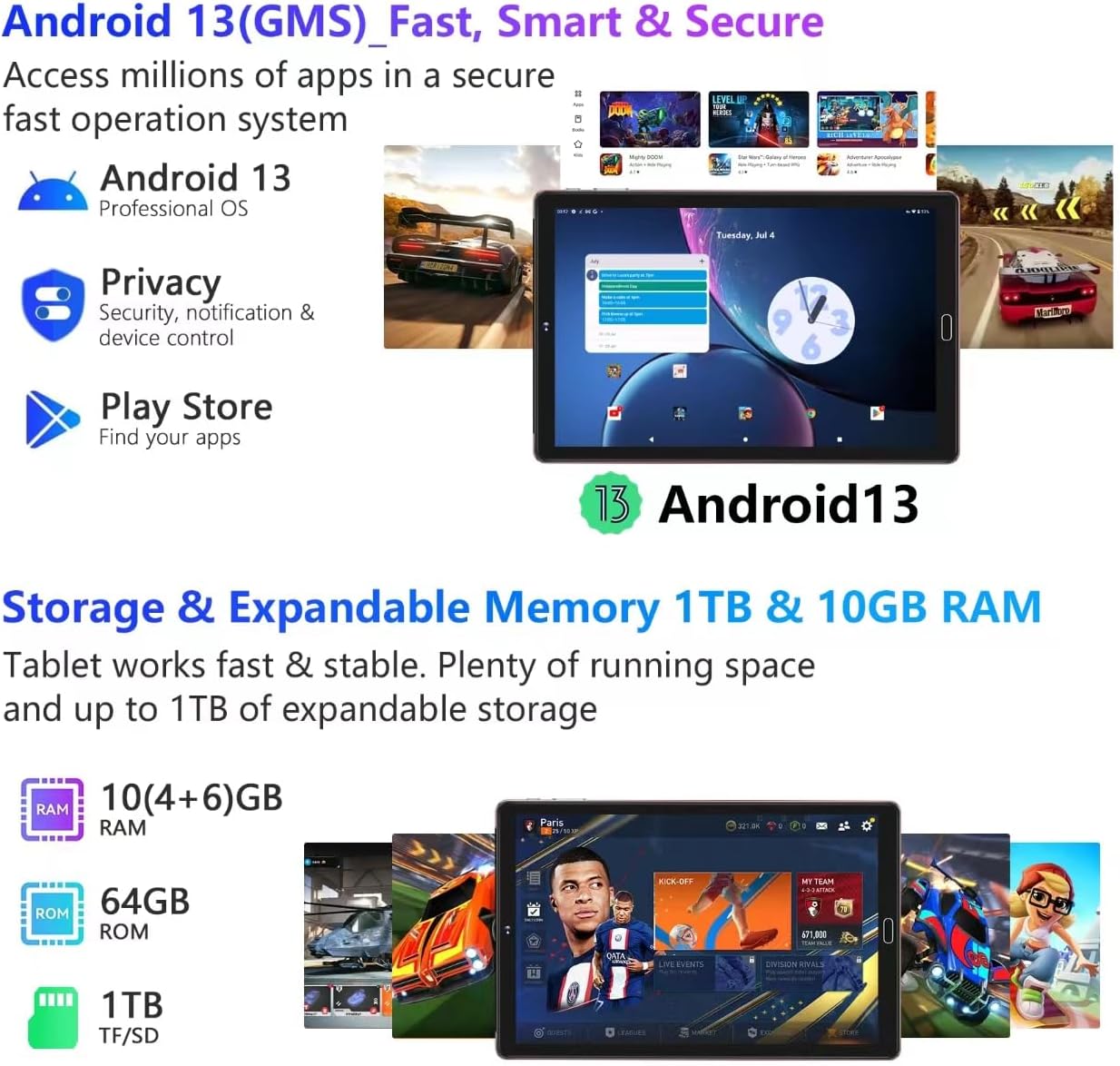 2024 Tablet de 10 pulgadas, 10 GB de RAM+64 GB de ROM (TF 1 TB), Android 13, WiFi 5G2.4G+Bluetooth 5.0Google GMSWidgetfunción de pantalla