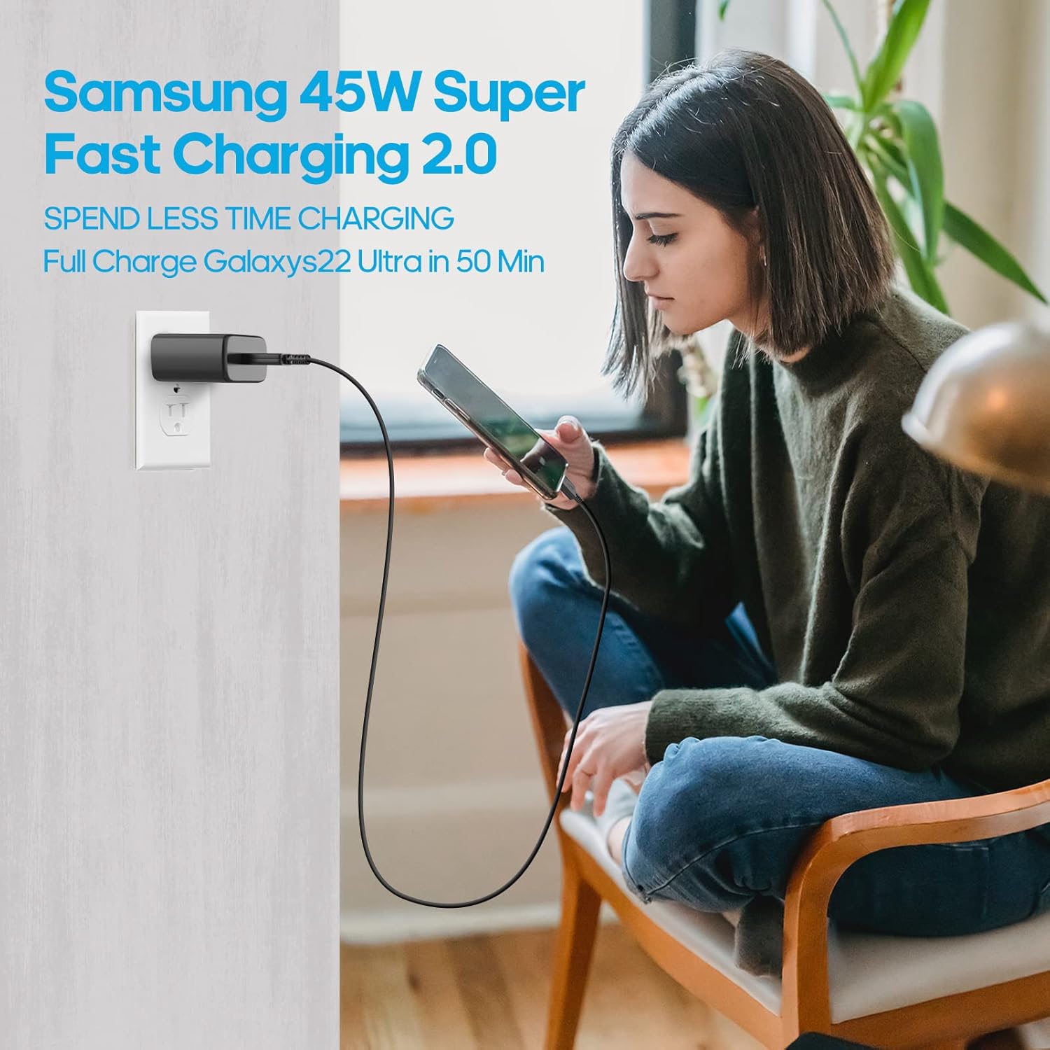 Samsung – Kit de cargador PD de 45 W, USB C de carga súper rápida 2.0, adaptador de cargador de pared con cable C a C para Samsung Galaxy S23S23