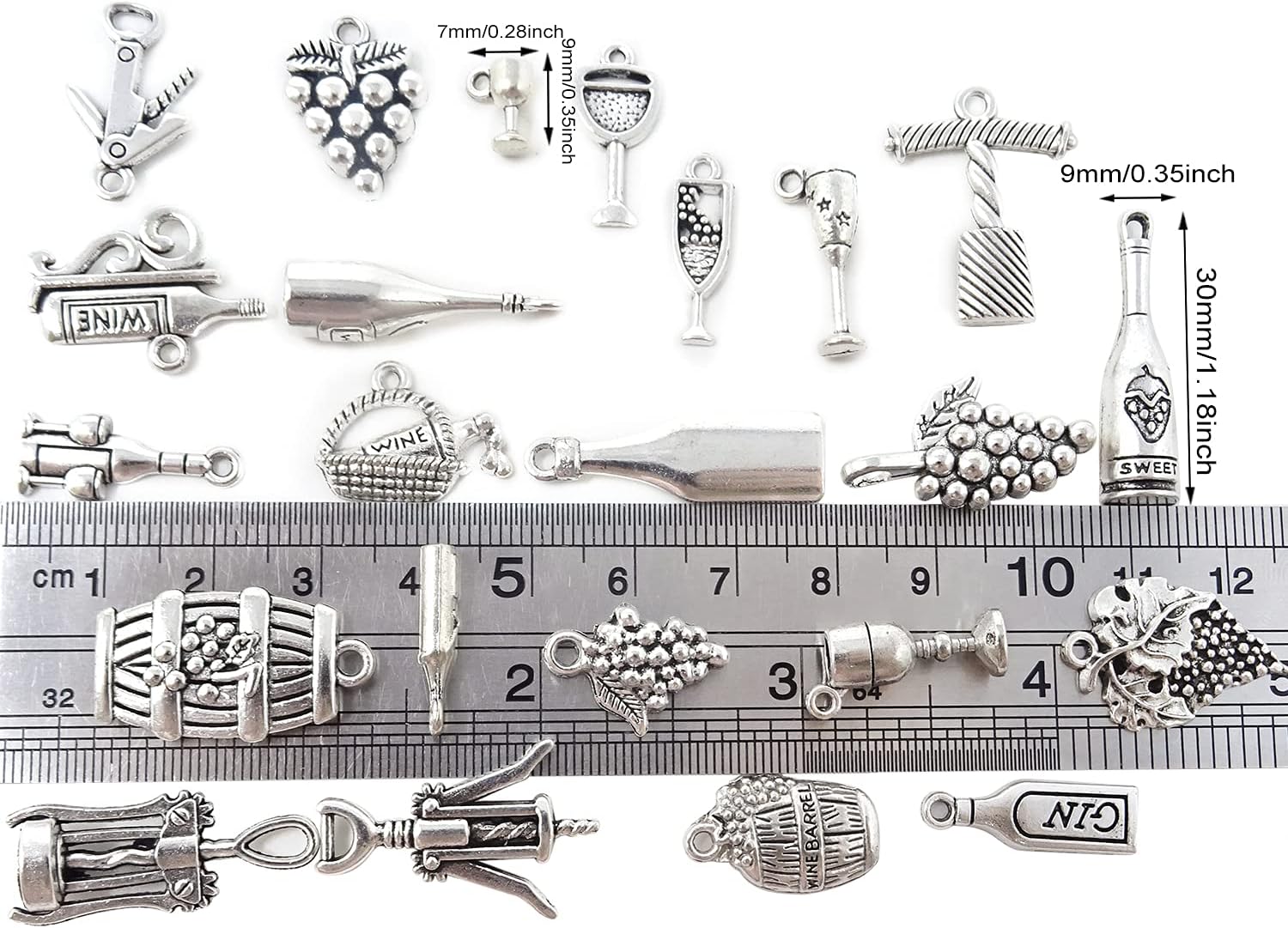 Honbay 46 dijes de metal con temática de vino, plata antigua, vino, uva, copa de cóctel, abridor de botellas de vino, dijes de barril para