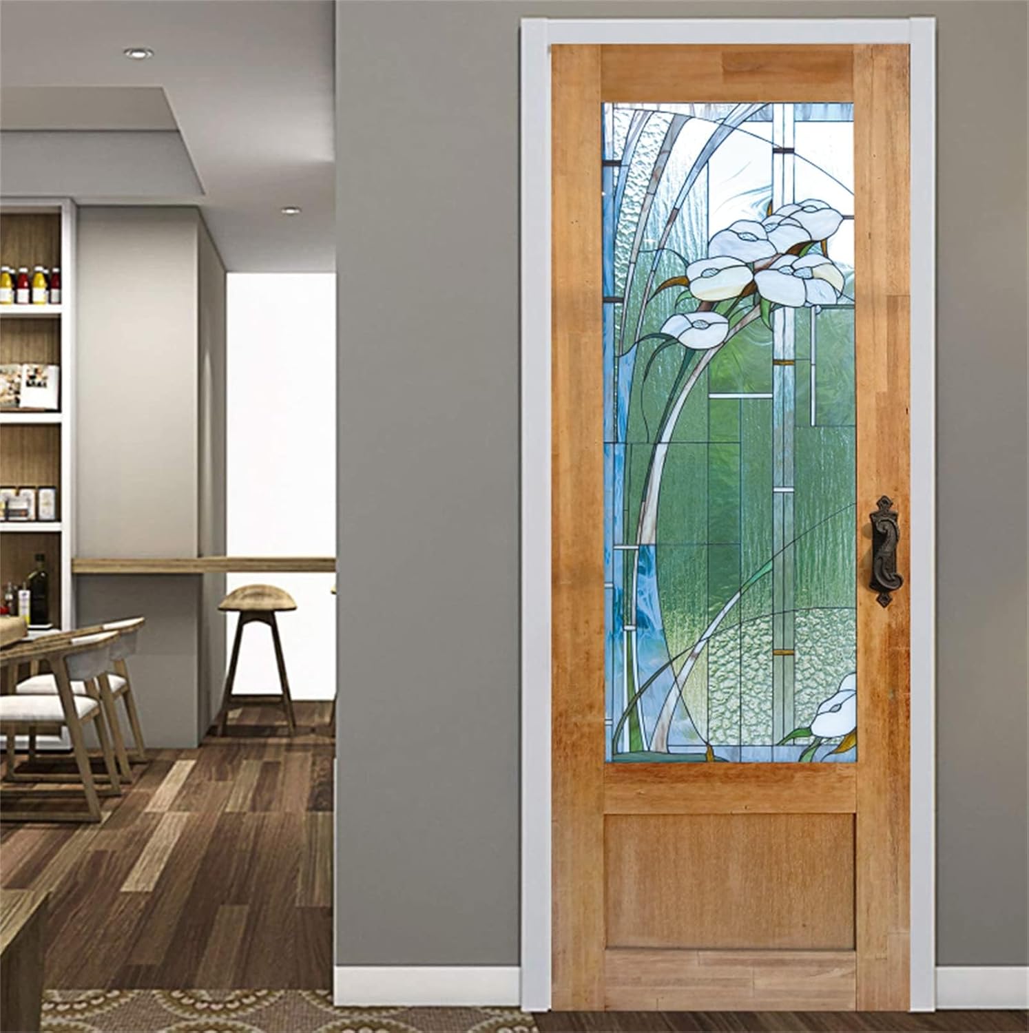 artfanke Adhesivo para puerta de vidrieras 3D, murales de madera retro, papel tapiz autoadhesivo para puerta, calcomanía impermeable para puerta del
