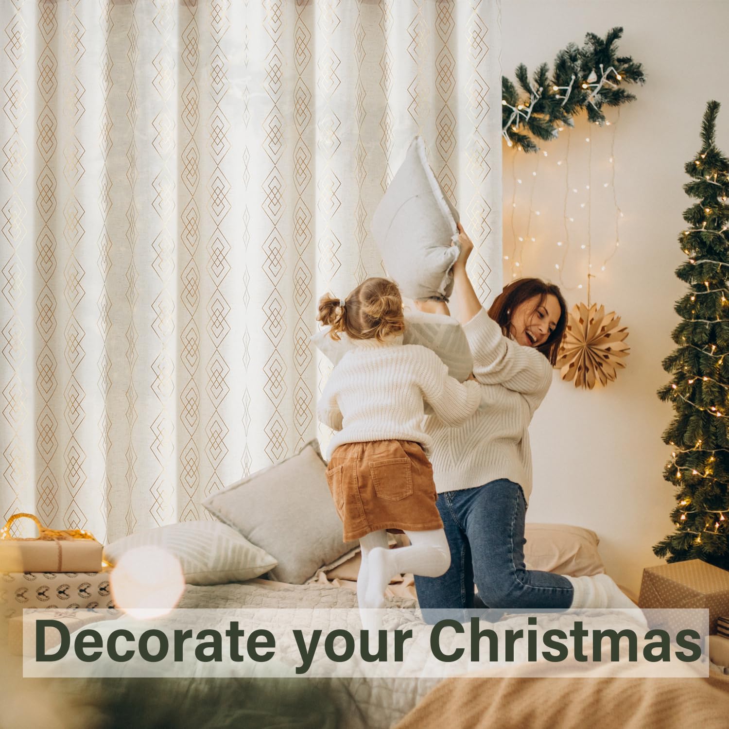 ugoutry Panel texturizado de lino dorado para dormitorio, cortinas bohemias geométricas metálicas para sala de estar, 84 pulgadas de largo, cortinas