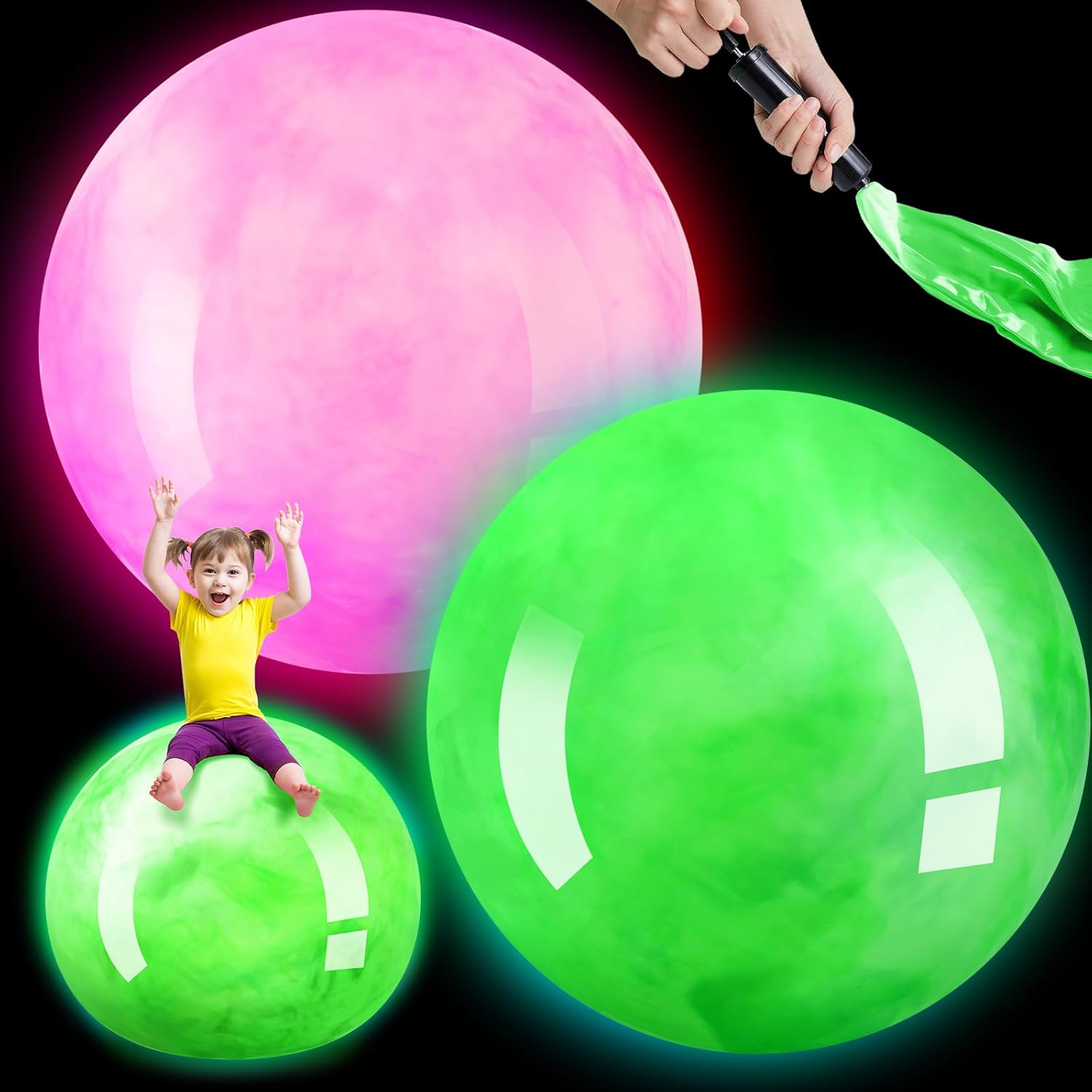 Jenaai 2 bolas inflables de 27 pulgadas que brillan en la oscuridad para niños, pelota de playa con luz LED, bolas inflables grandes y gigantes para