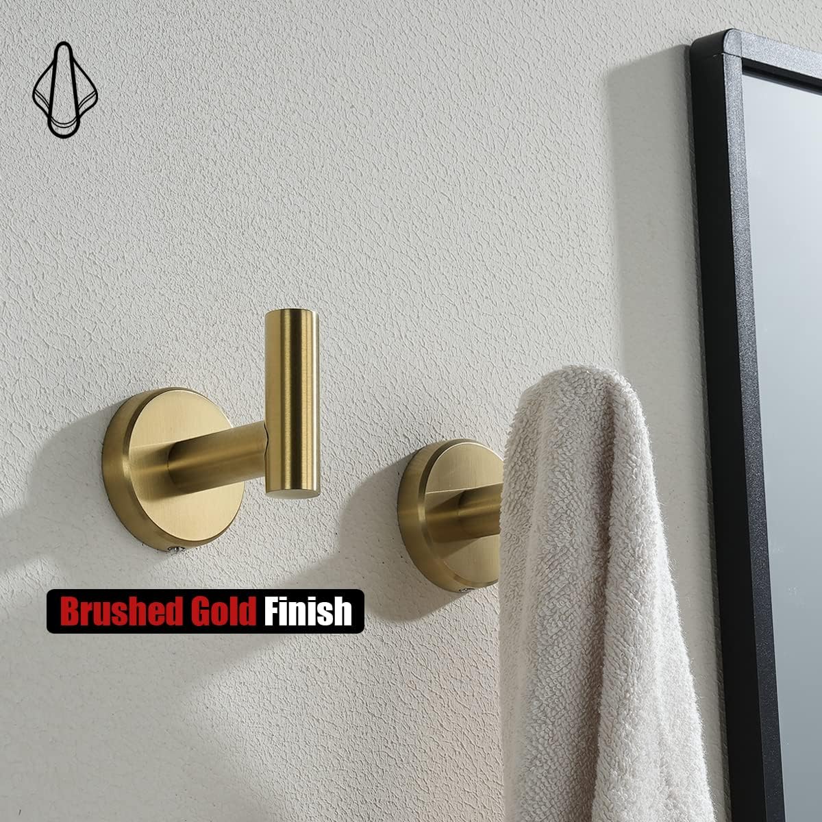 JQK Gancho para toallas de baño, color oro cepillado, gancho de latón para ropa para baño, cocina, garaje, montaje en pared (paquete de 4), acero