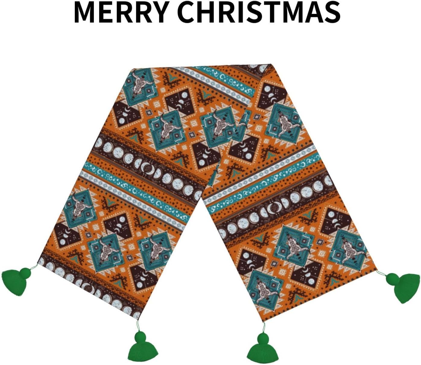 Camino de mesa de Navidad con diseño geométrico azteca indio, tribal, decoración de Navidad, decoración de Navidad, decoración de interiores del