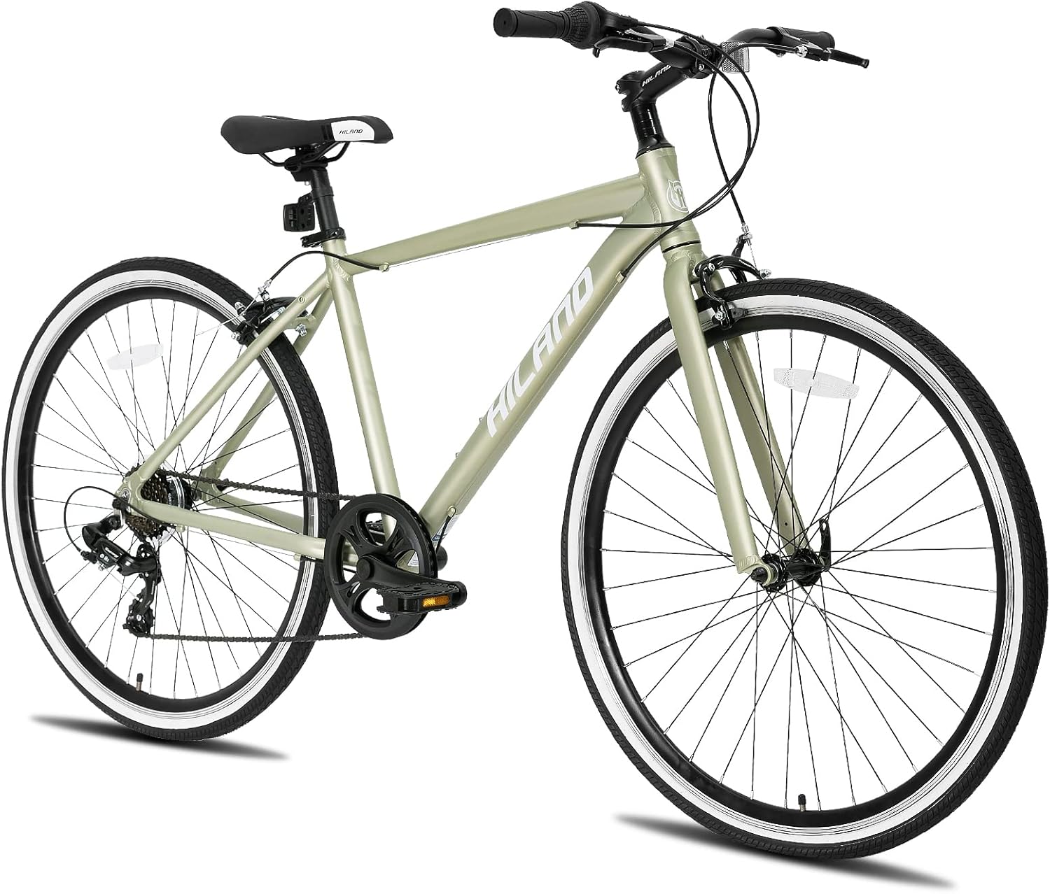 Hiland – Bicicleta híbrida para hombre y mujer, marco de paso o paso a través, ruedas 700C, bicicleta urbana Shimano Drivetrain de 7 velocidades