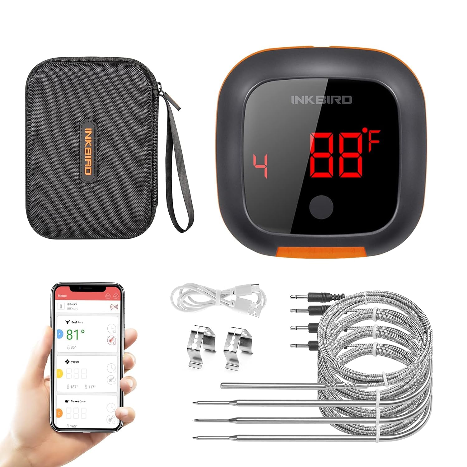 Inkbird Termómetro Bluetooth para barbacoa y estuche de almacenamiento de transporte, 4 sondas termómetro inalámbrico para carne con temporizador,
