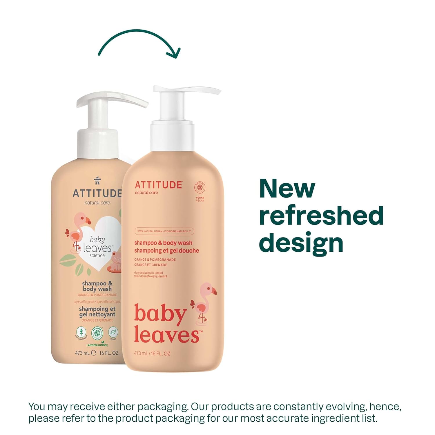 ATTITUDE Champú y gel de baño 2 en 1 para bebé, verificado por EWG, dermatológicamente probado, vegano, naranja y granada, 16 onzas líquidas