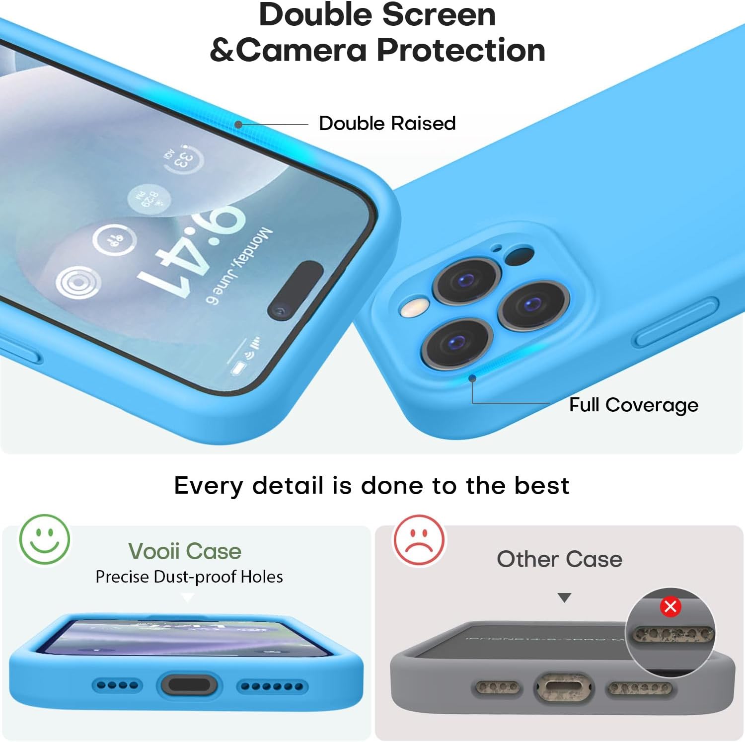 Vooii Funda compatible con iPhone 15 Pro, silicona líquida Defender mejorada, protección mejorada de la cámara forro de microfibra suave
