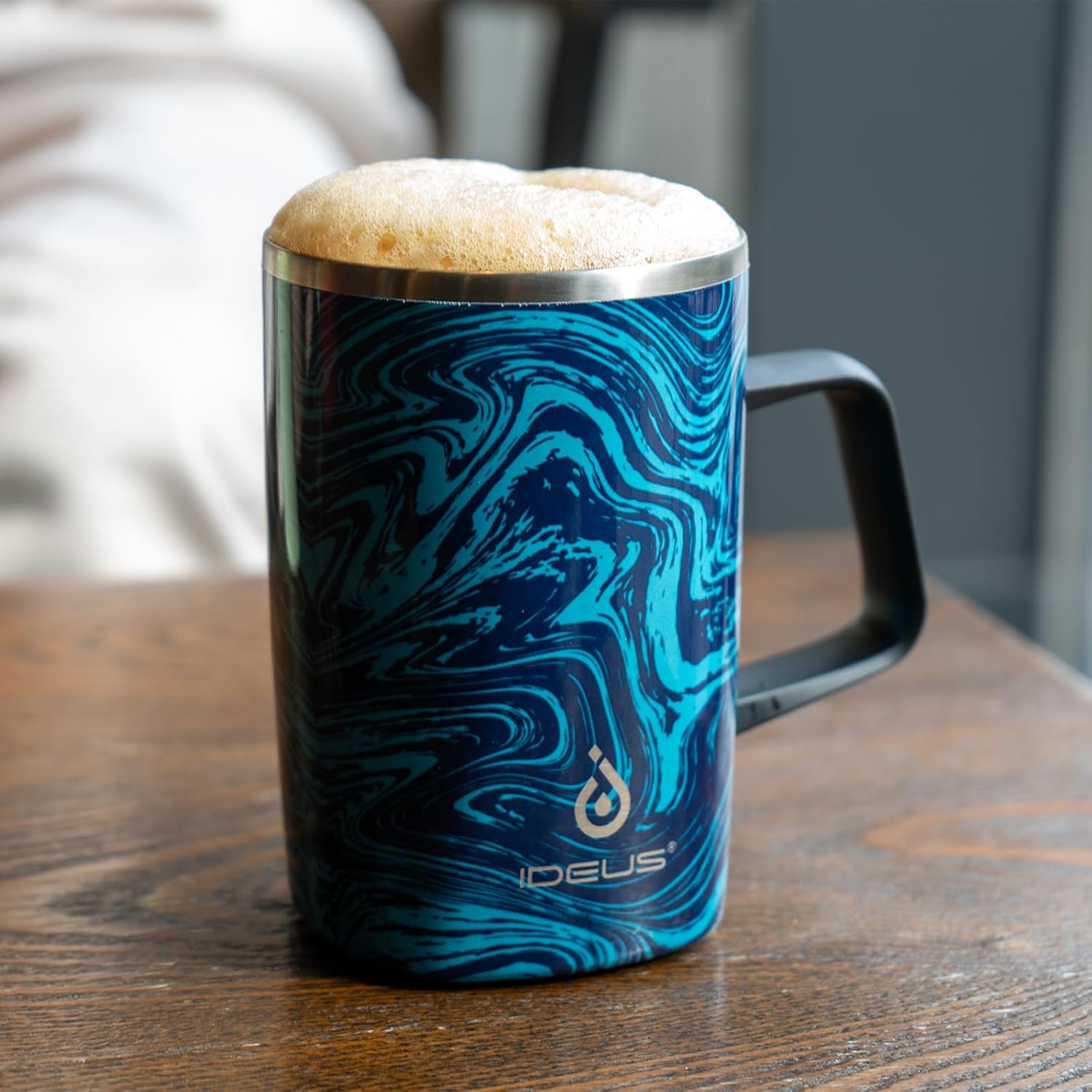 Ideus Taza de café aislada al vacío, reutilizable, de acero inoxidable, de doble pared, de 16 onzas, con asa y tapa deslizante para bebidas
