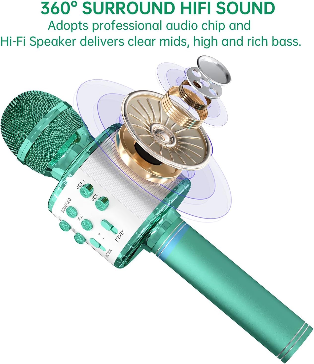 OVELLIC – Micrófono de mano inalámbrico con Bluetooth y luces LED, portátil con altavoz para karaoke regalo para niñas, niños y adultos de todas las