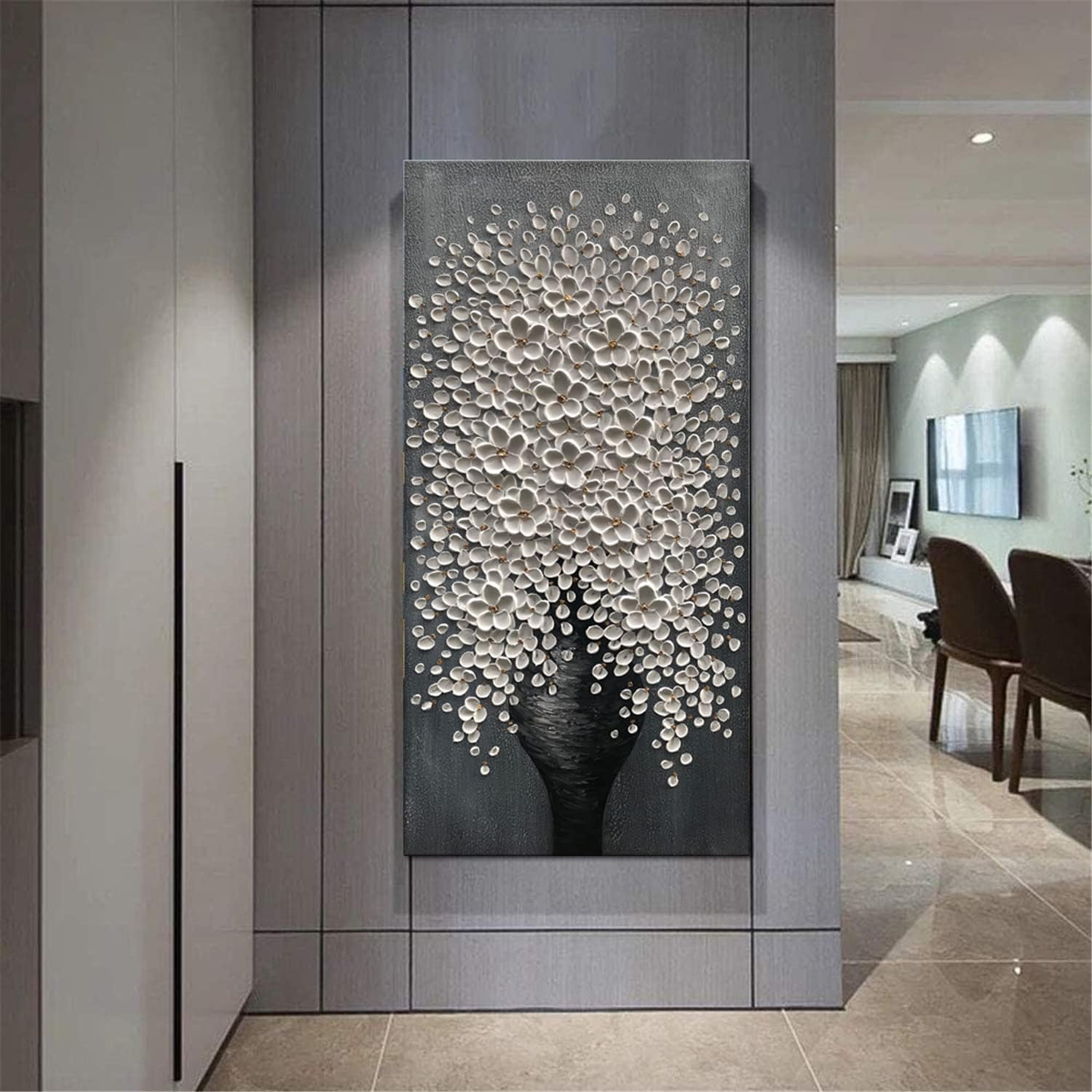 Alenoss Pinturas al óleo abstractas 100% pintadas a mano de 24 x 48 pulgadas, lienzo moderno floral blanco, arte de pared, pinturas verticales 3D,