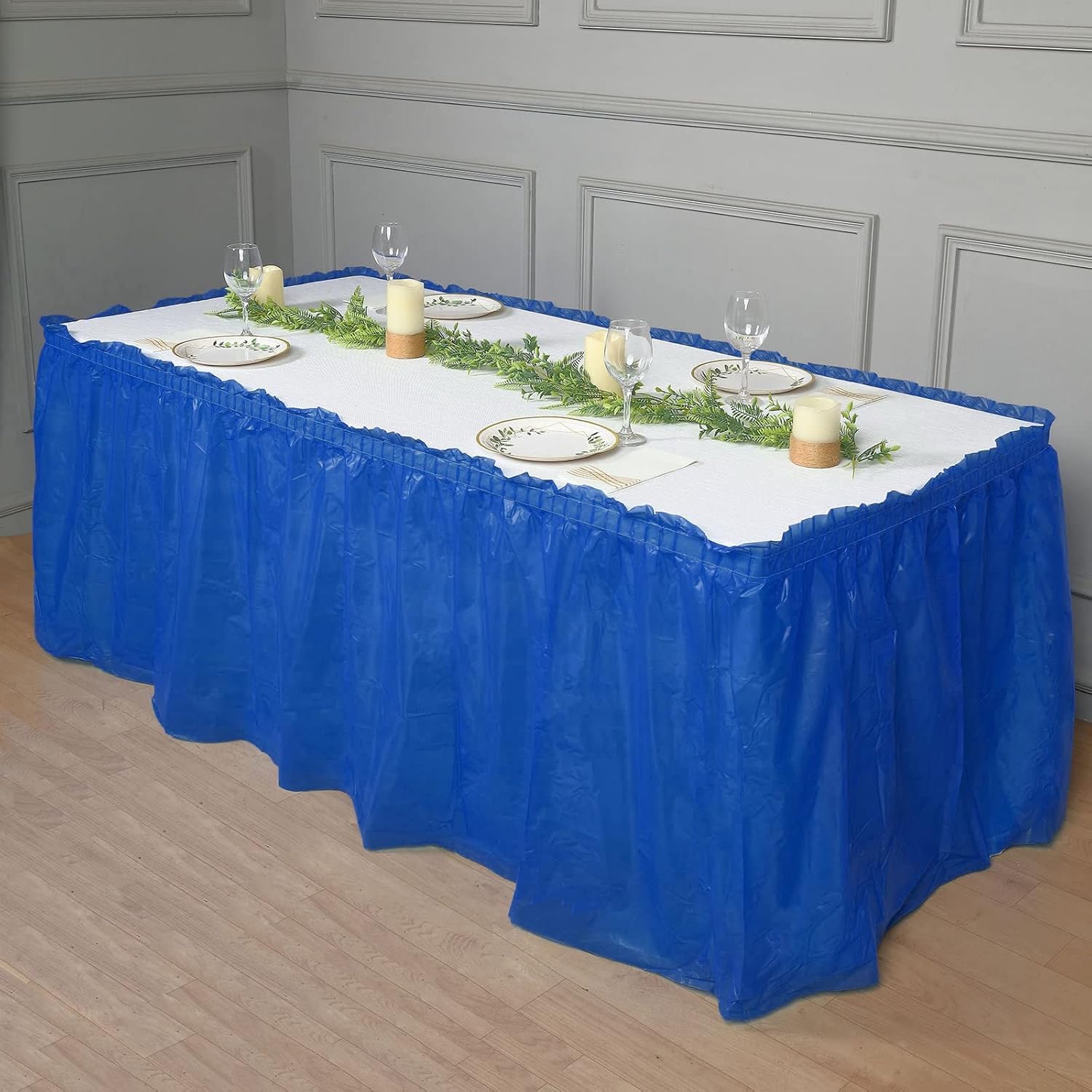 Efavormart – 5 faldas de mesa desechables de plástico con volantes, color azul rey de 14 pies, impermeables, a prueba de derrames, para exteriores e