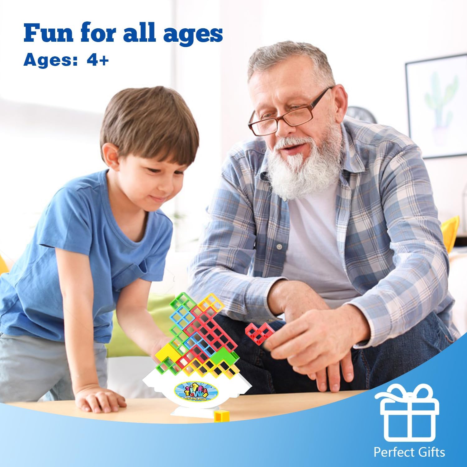Tetra Tower – Juguetes apilables de equilibrio, 16 piezas de juegos de mesa para niños y adultos, juego de equilibrio para 2 jugadores, bloques de