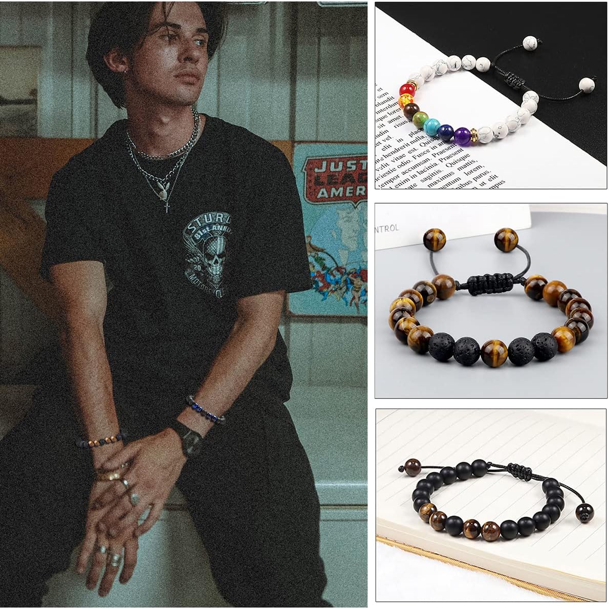 Paquete de 10 pulseras de piedra natural con cuentas de roca de lava para hombres y mujeres, cuentas de chakras de 0.315 in, pulseras difusoras de