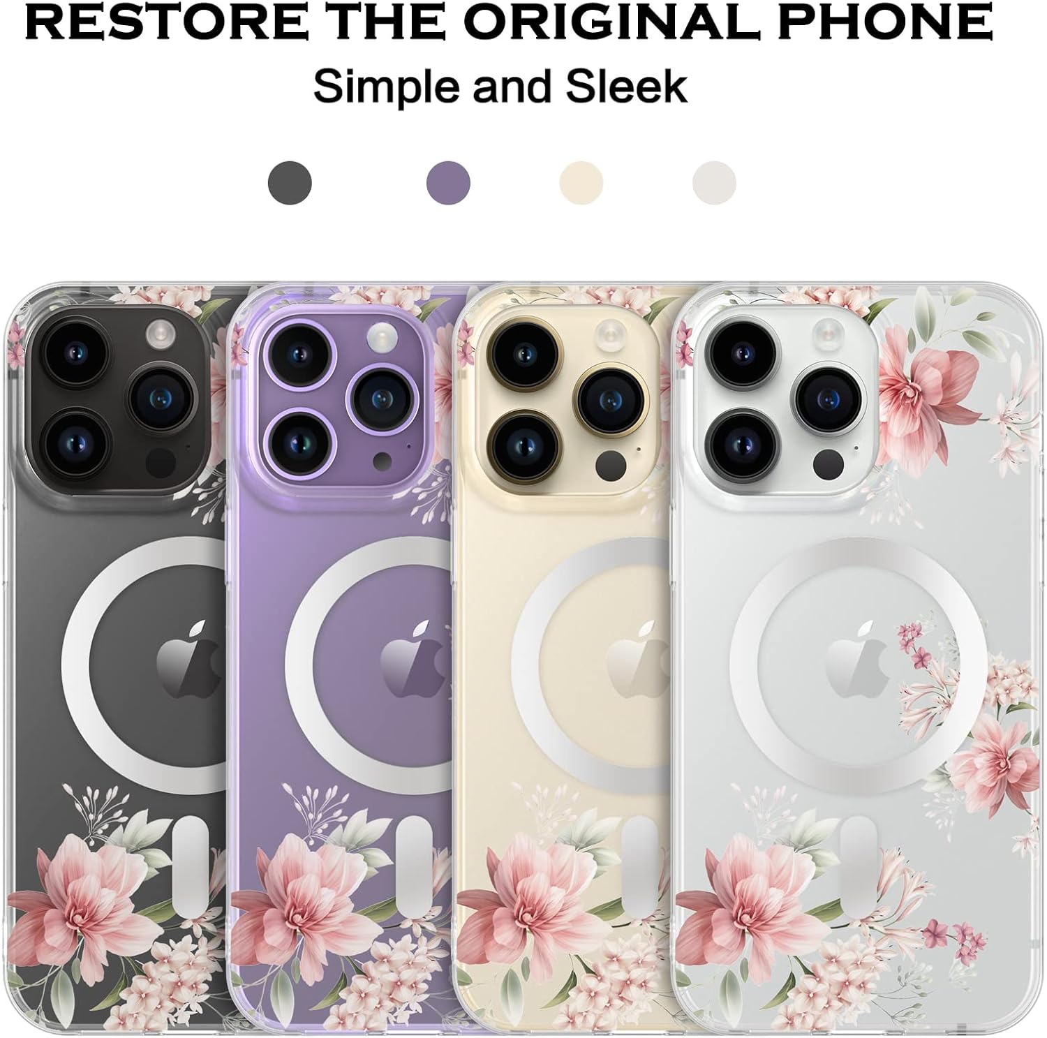 YINLAI Funda para iPhone 14 Pro Max de 6.7 pulgadas, magnética compatible con MagSafe transparente, transparente, patrón floral de flores rosas para