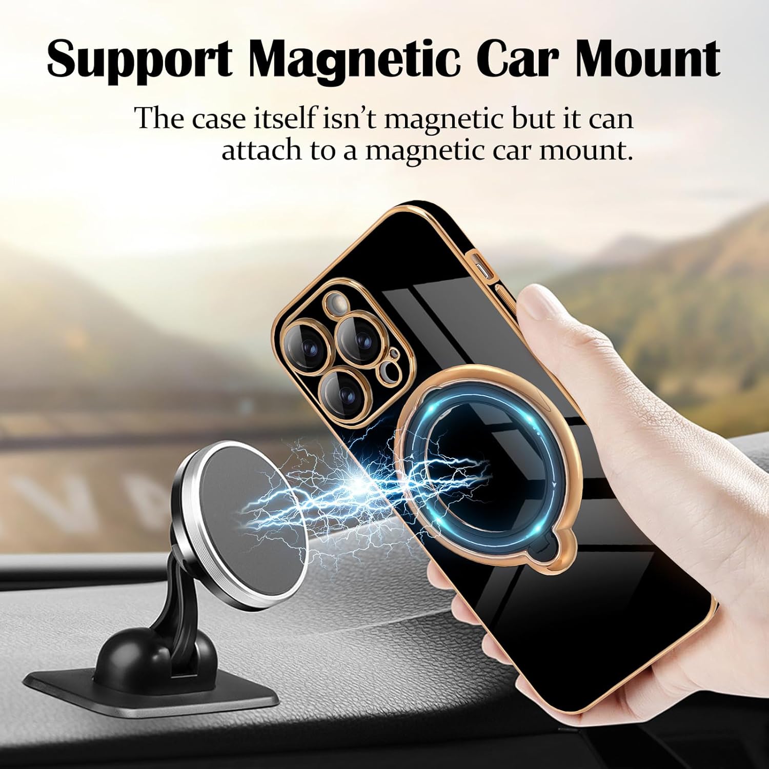 Newseego Funda para iPhone 14 Pro Max, funda de lujo con borde chapado con soporte magnético giratorio de 360 invisible para mujeres, niñas y