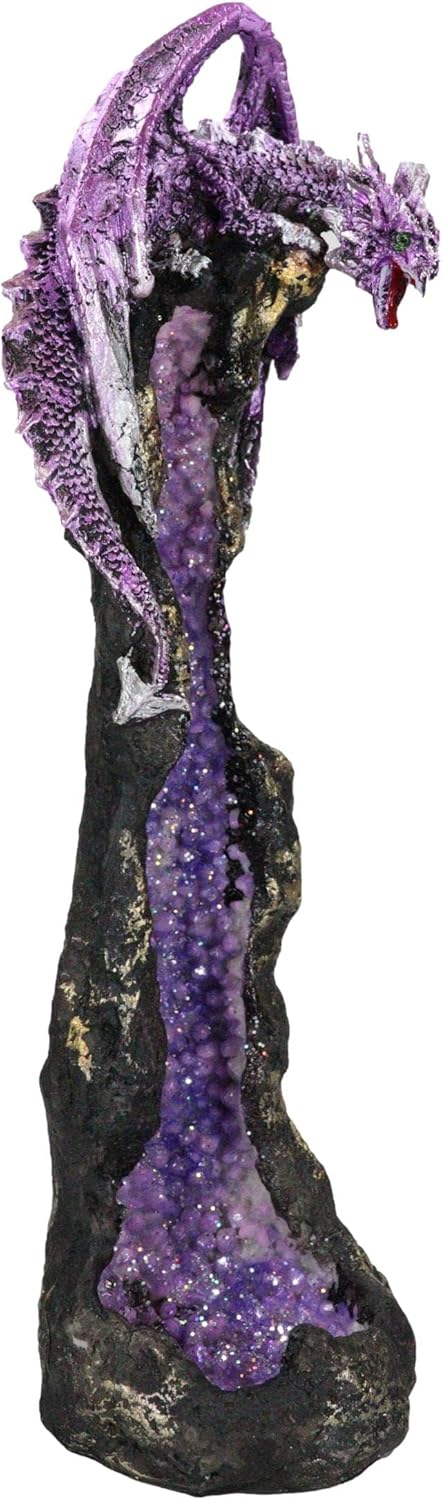 Ebros Gift Quartcita Elemental Dragon Guarding Faux Geoda Cuarzo Cristal Quarry Rock Pilar Incienso Soporte Figurita Fantasía Mítico Calabozos y