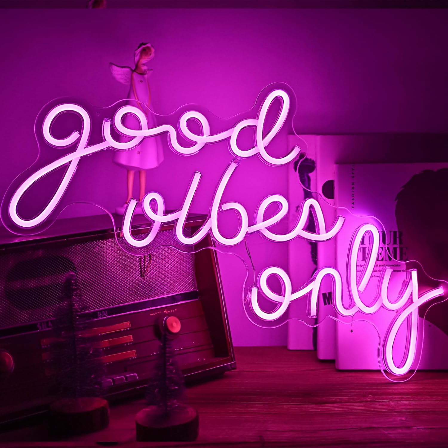 Hawisphy Good Vibes Only – Letreros de luz de neón regulables para decoración de pared, 20 x 11 pulgadas, letrero de neón LED grande, luces
