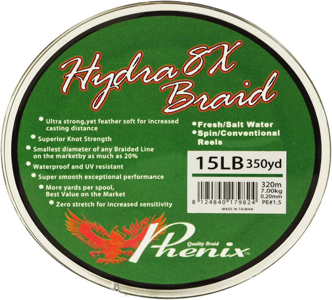 Phenix Hydra 8X trenzado línea de pesca Spectra 15lb 350yd Verde..