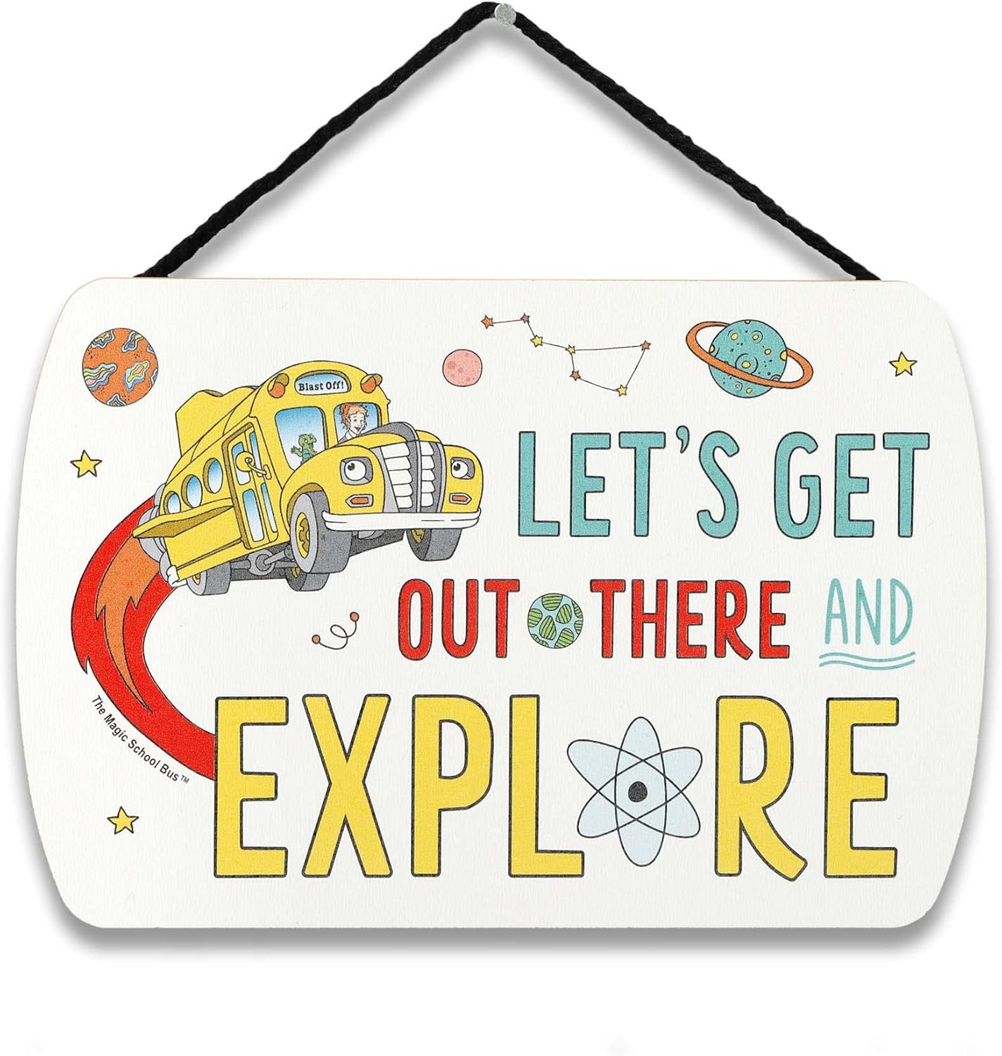 Open Road Brands Scholastic The Magic School Bus Let’s Explore – Decoración colgante de pared de madera, divertido letrero mágico de autobús escolar