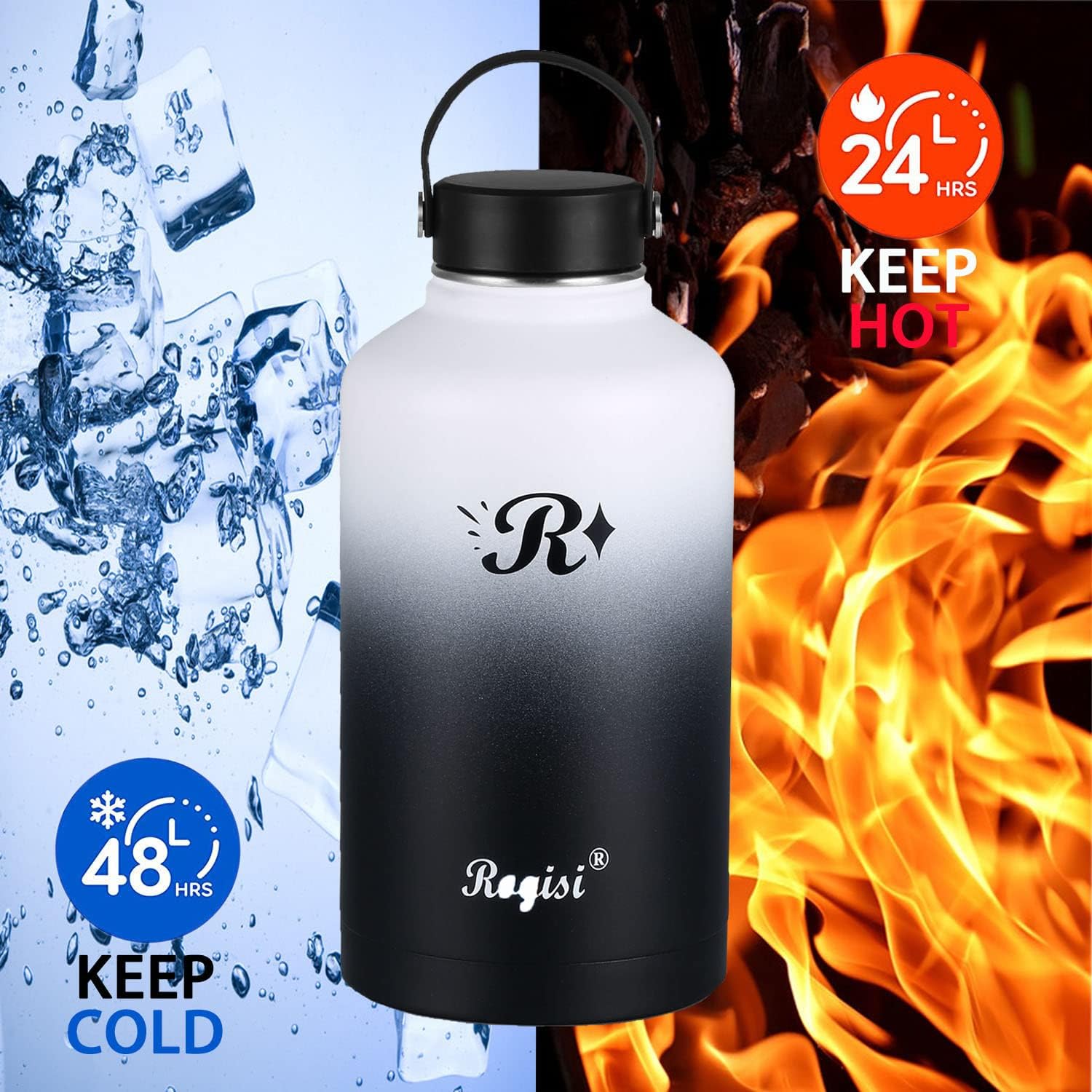 Jarra de agua grande de acero inoxidable de medio galón con popote, funda de almacenamiento y 2 tapas, botella de agua aislada de 64 onzas, boca