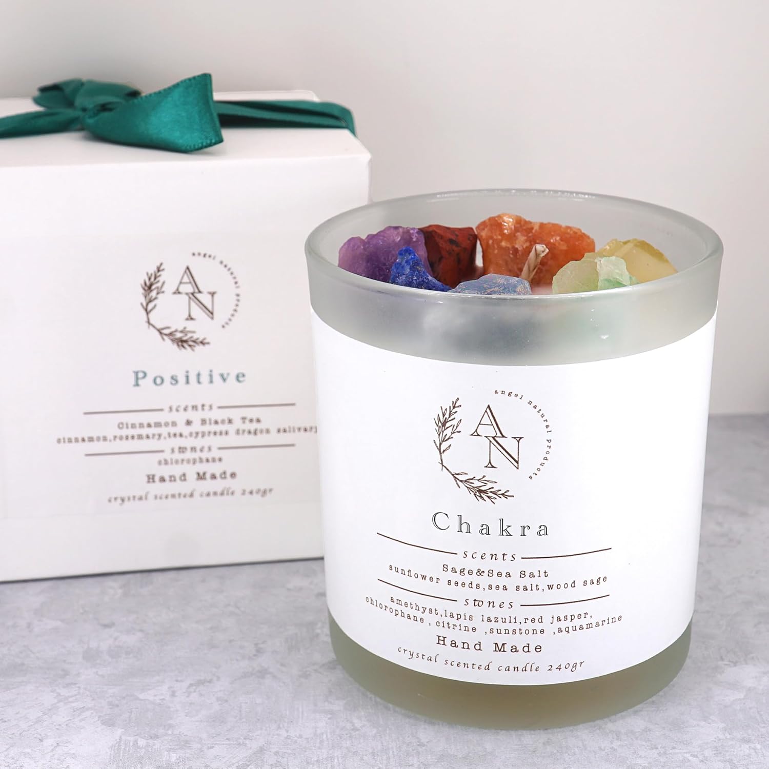 Velas de cristal curativo con 7 piedras de chakra, aroma a salvia y sal marina, vela de soja para meditación, manifestación y ritual, vela de regalo