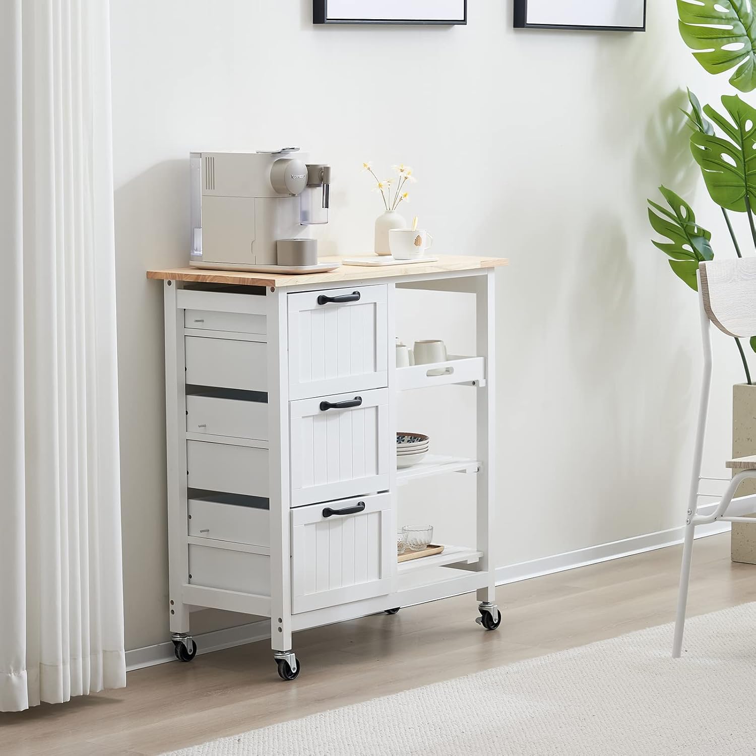 Carrito de isla de cocina blanco con almacenamiento, isla de cocina rodante, pequeña mesa de isla de cocina, carrito de café con ruedas, carrito de