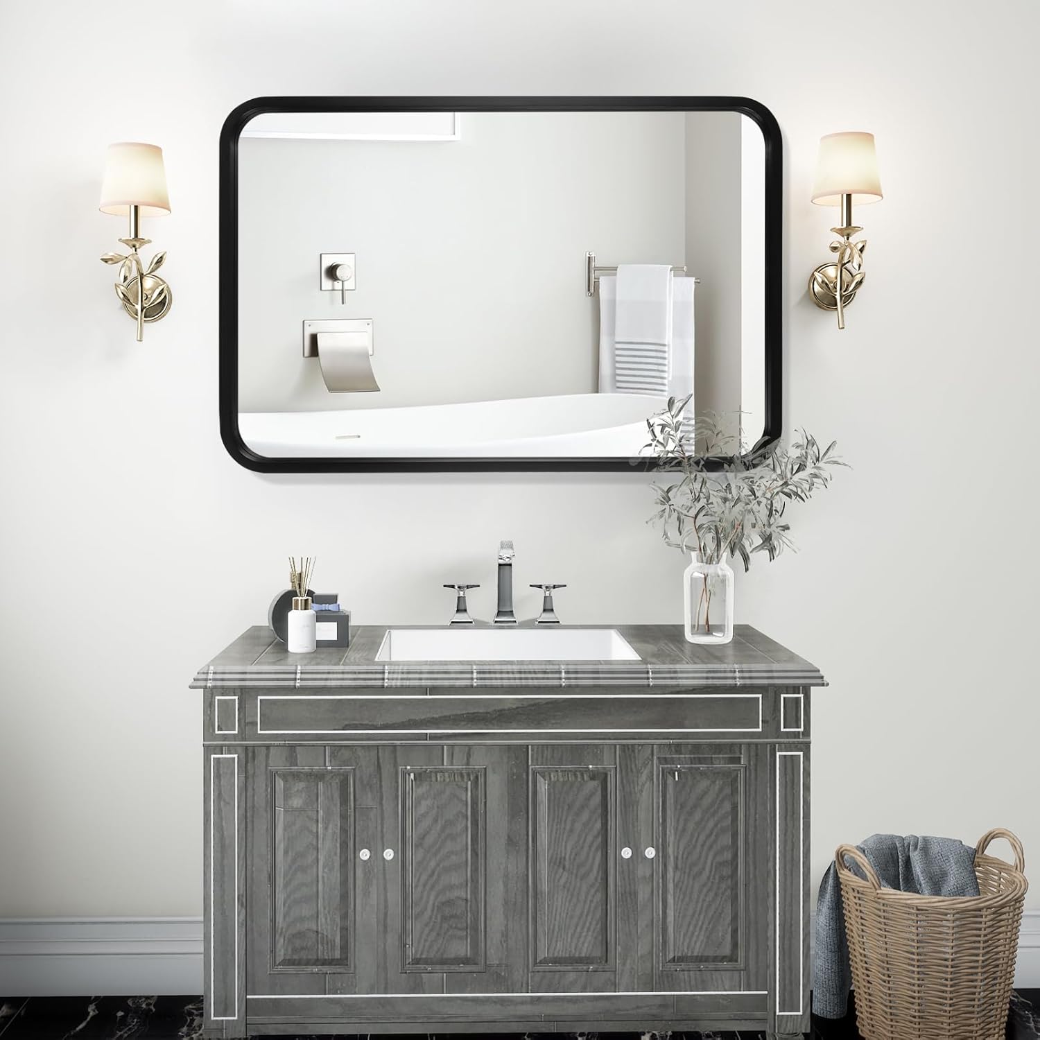 WallBeyond Espejo de madera de 20 x 30 pulgadas para baño, espejo de pared con marco de madera, espejo rectangular montado en la pared para tocador