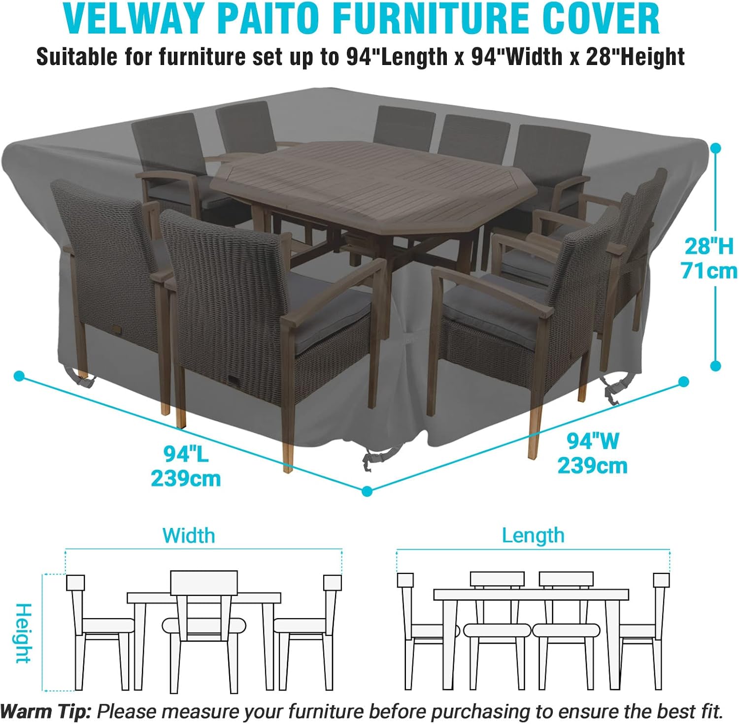 Velway Juego de sillas de mesa de patio, cuadrada, impermeable, 94 pulgadas de largo x 94 pulgadas de ancho x 28 pulgadas de alto, juego de comedor