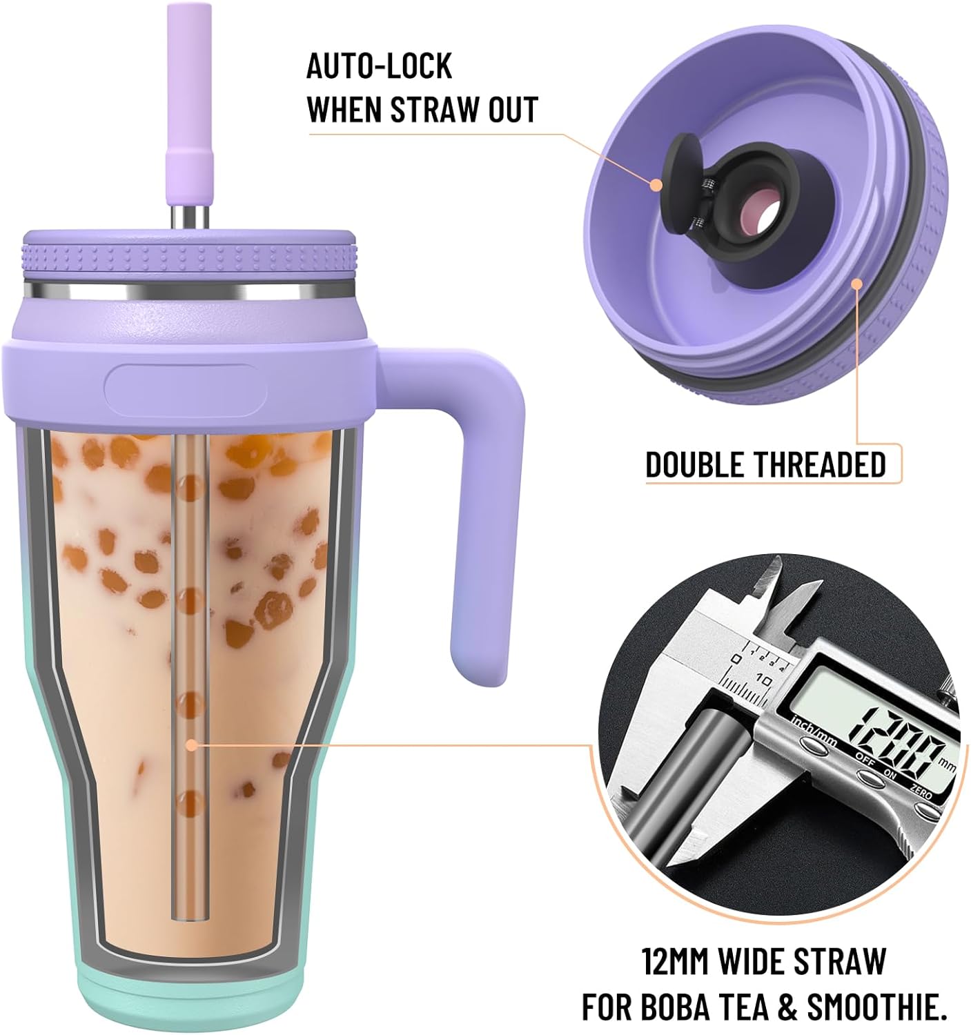 Vaso de 40 onzas con asa y tapa con popote, taza de viaje de acero inoxidable aislada al vacío con tapa de tornillo para colocar en el soporte para