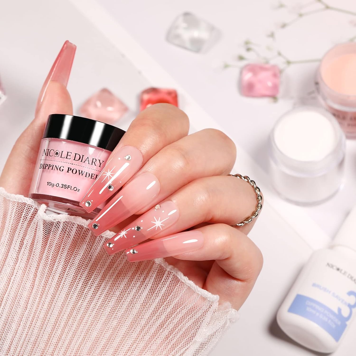 NICOLE DIARY – Kit de iniciación de polvo de inmersión para uñas de inmersión en 8 colores, color rosa nude transparente, con polvo de inmersión