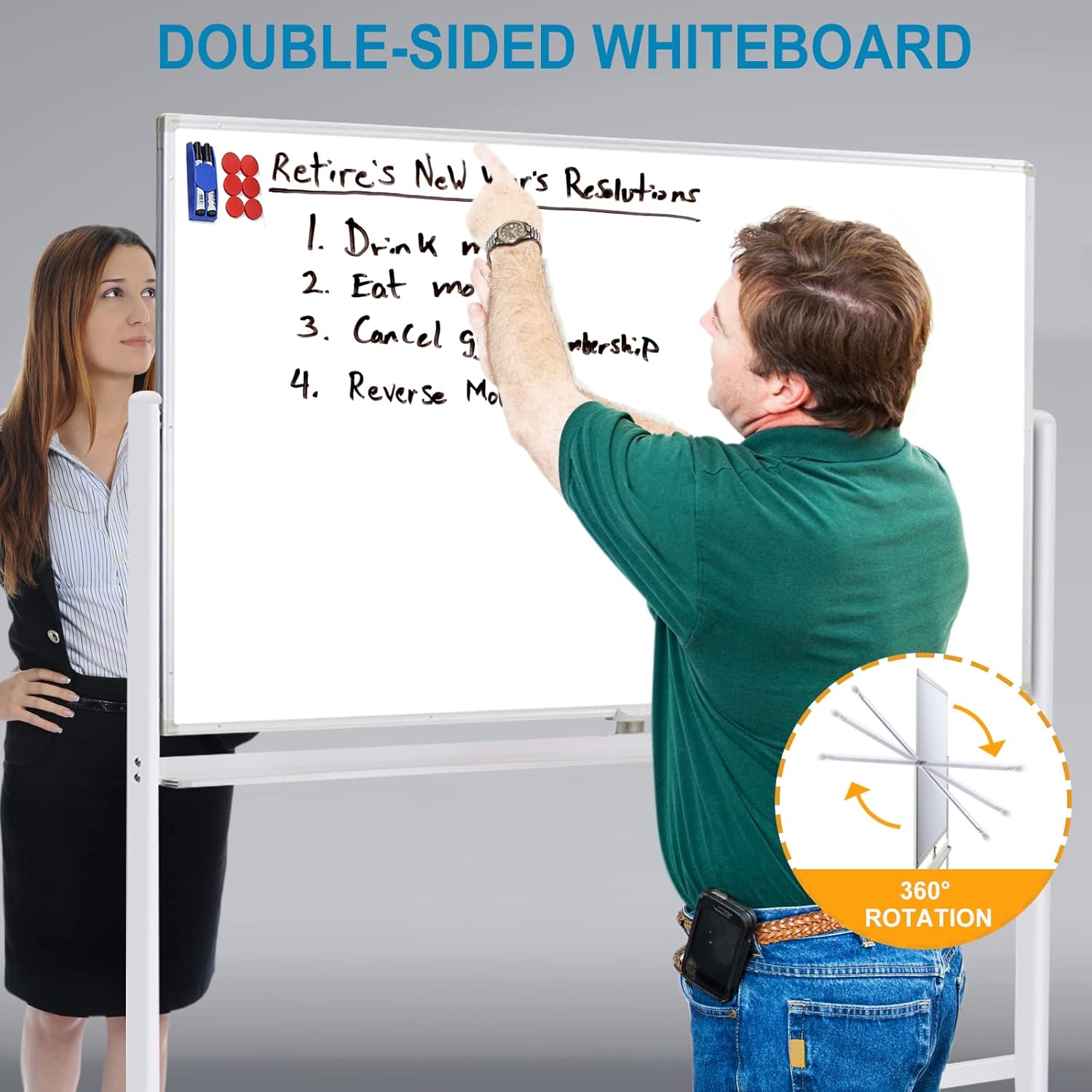 Pizarra blanca móvil con soporte  60 x 40 pulgadas, pizarra de borrado en seco de doble cara con soporte, pizarra blanca grande sobre ruedas para