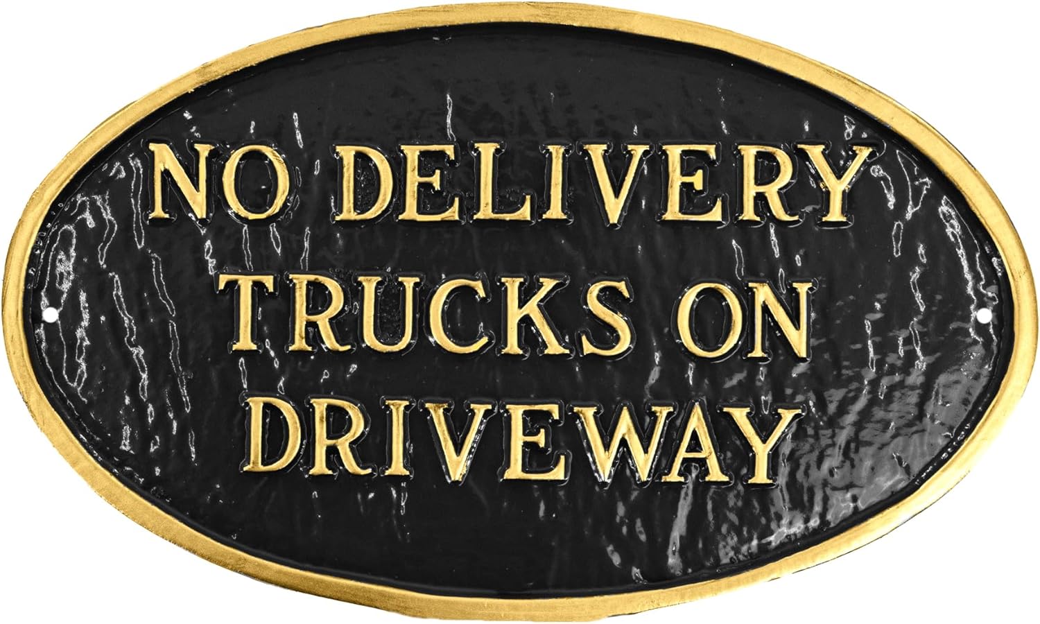 Placa ovalada con texto en inglés “No Delivery Trucks on Driveway” – Placa de visualización de pared o césped – Señal de advertencia comercial –