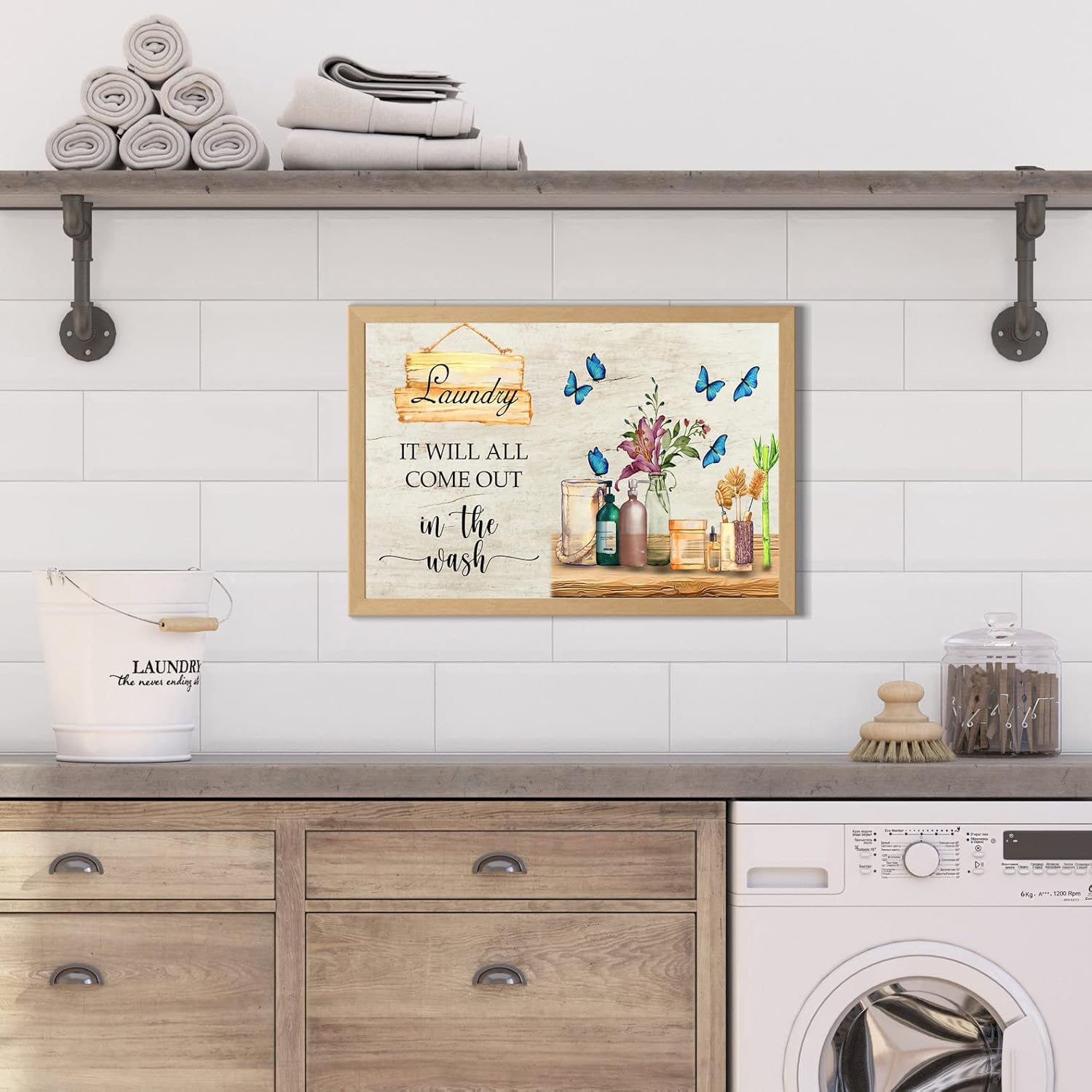 BOUHES Arte de pared rústico para lavandería, horario de lavandería, reglas divertidas, decoración de pared, granja, flores, mariposas, pintura,
