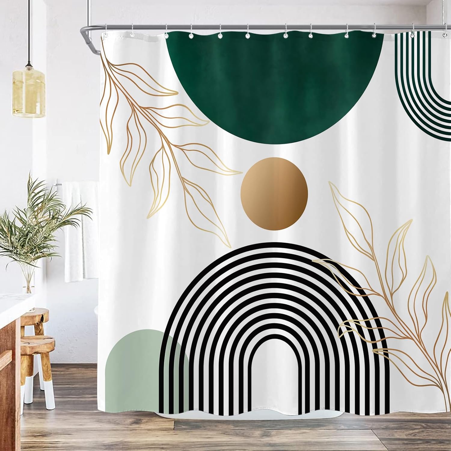 Aipon Cortina de ducha verde de mediados de siglo para baño, cortina de ducha abstracta bohemia de tela moderna impermeable para baño con 12 ganchos