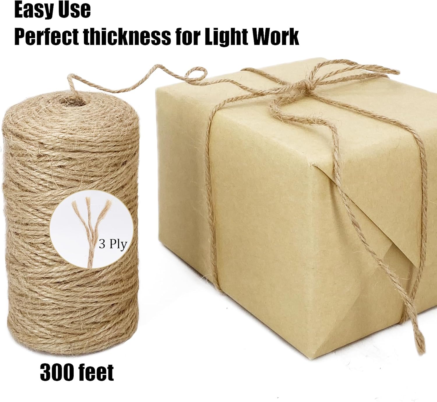 Cordel de yute natural de 0.079 in de 600 pies, 3 capas, cuerda trenzada resistente, cinta marrón para artes, manualidades, tarros de masón,