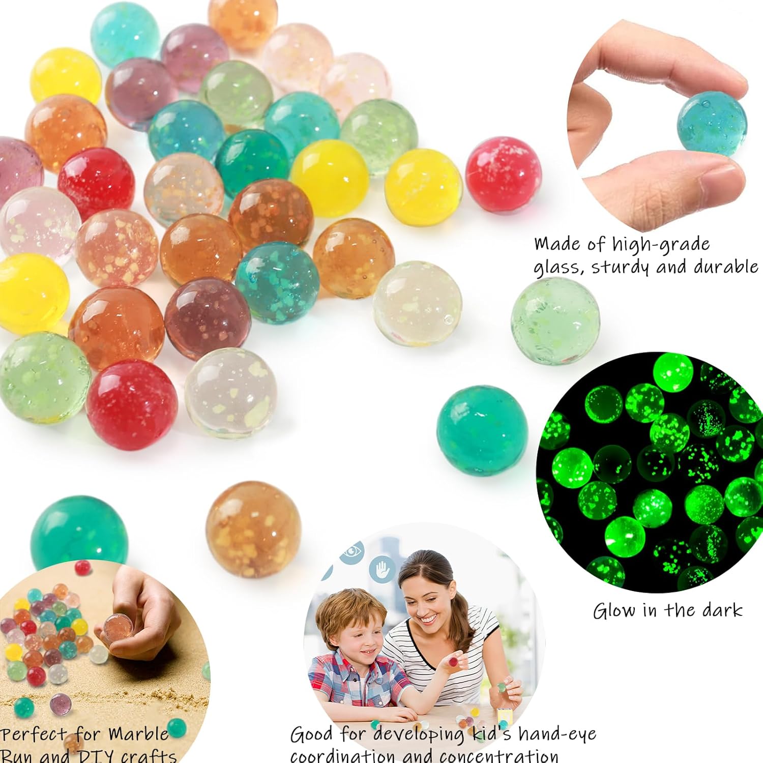 FUTUREPLUSX 36 canicas de vidrio a granel, mármoles que brillan en la oscuridad de 0.630 in0.6 pulgadas, canicas de vidrio luminosas para niños,
