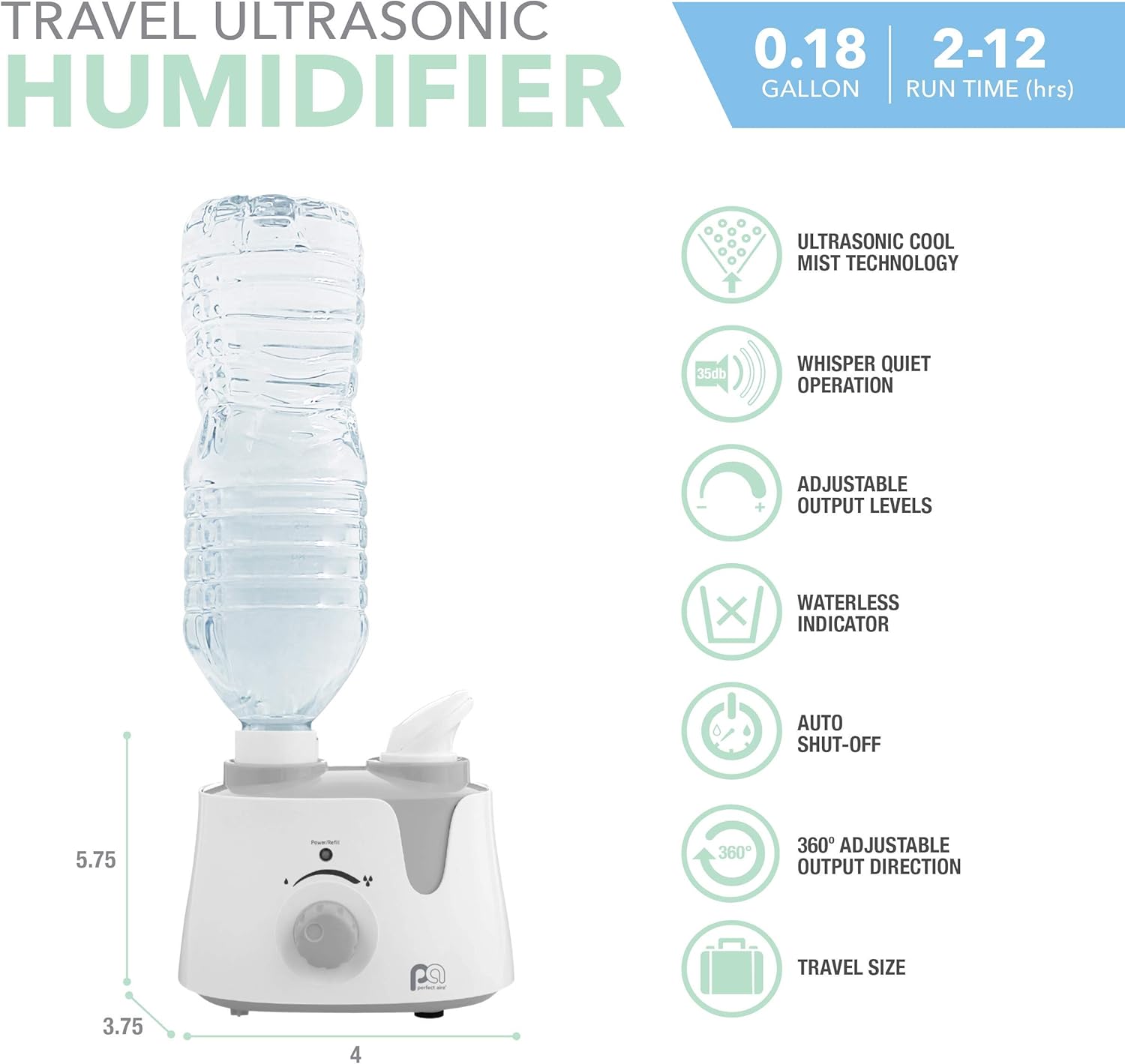 PerfectAire PAU1 Humidificador ultrasónico personal de niebla fría con adaptador de botella de agua para habitaciones pequeñas, viajes, oficinas y