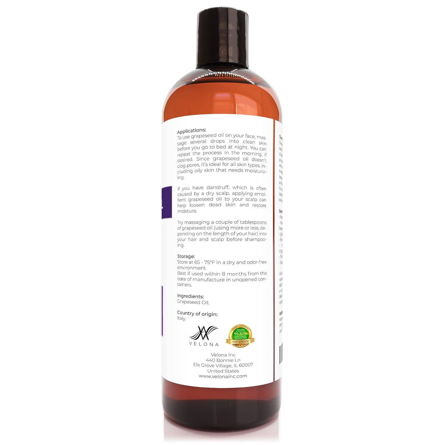 velona Aceite de semilla de uva 16 onzas  Aceite portador 100% puro y natural  Refinado, prensado en frío  Cocina, piel, cara, cuerpo, cuidado del