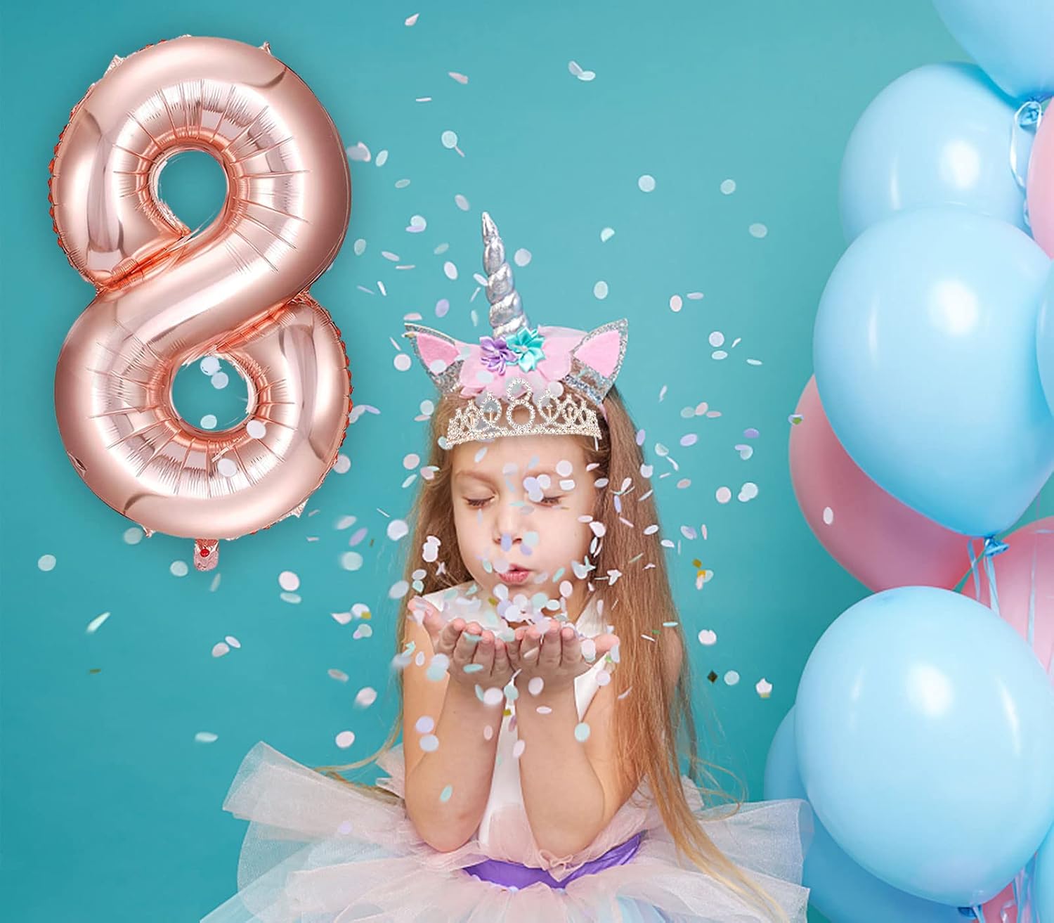 Decoraciones de cumpleaños número 8 para niñas, incluye adorno para pastel de cumpleaños de 8 años, banda de reina de cumpleaños con alfiler de